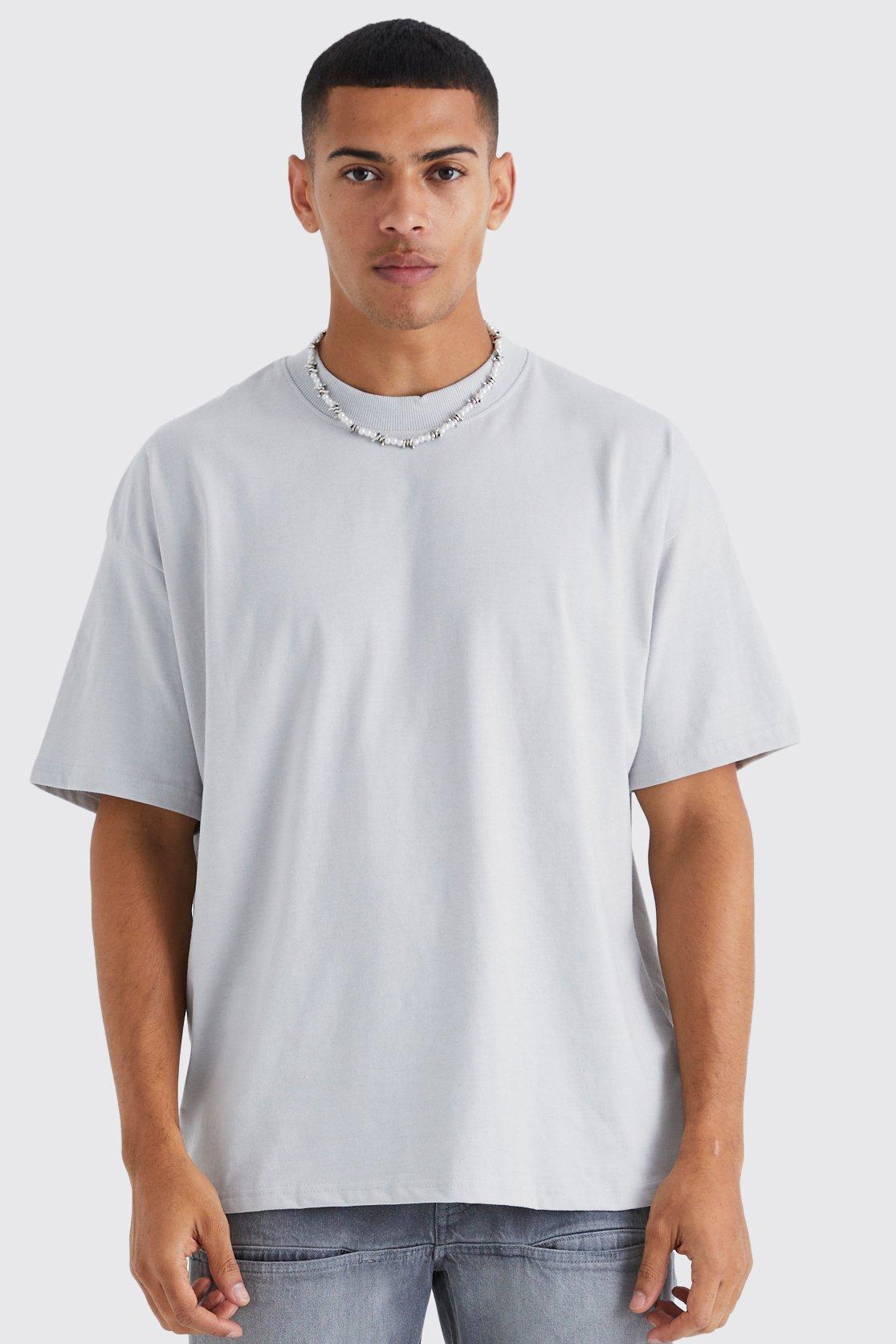 Mens White Oversized Extended Neck Heavyweight T-shirt, White
