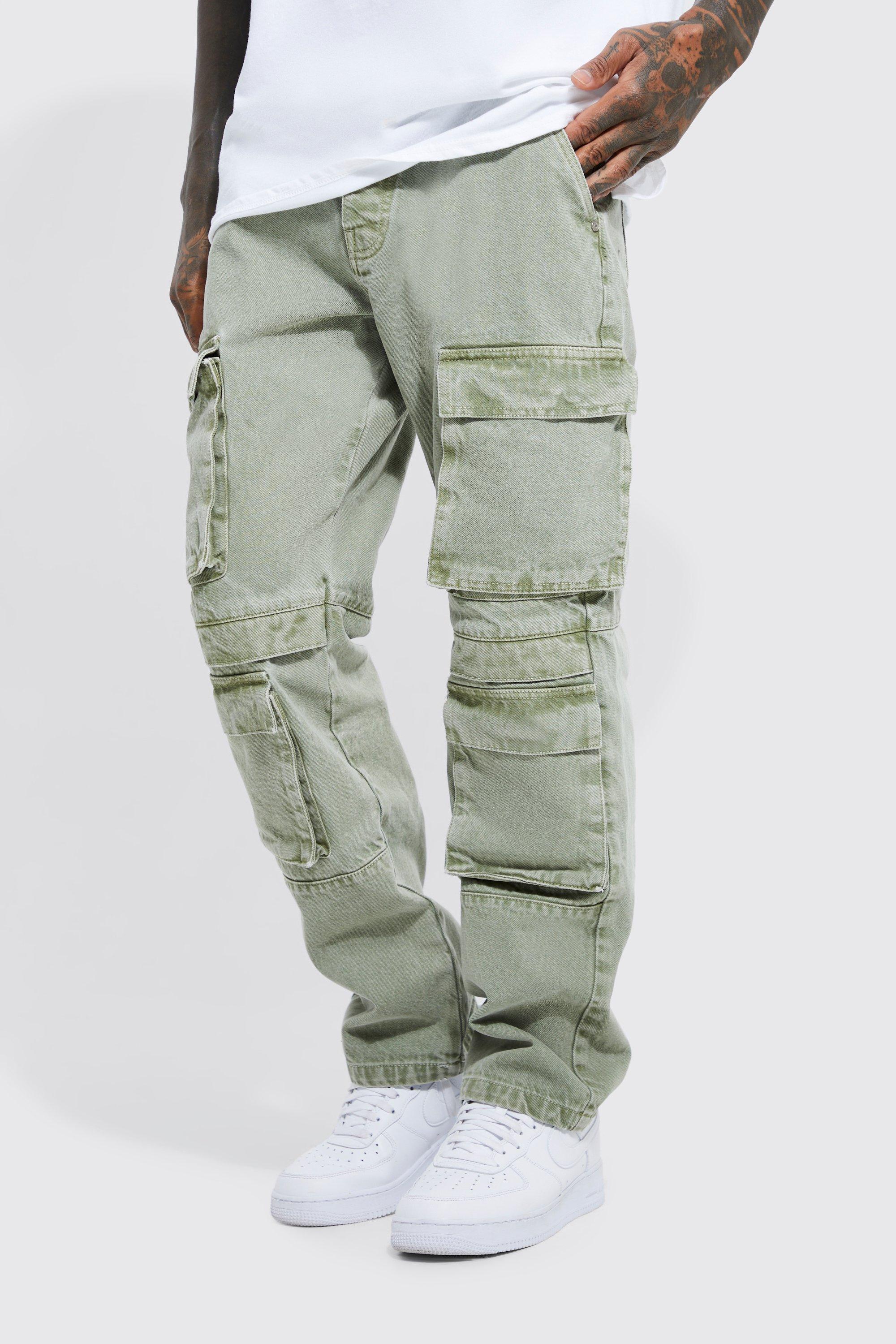 Mens Green Relaxed Fit Washed Multi Pocket Cargo Jeans, Green