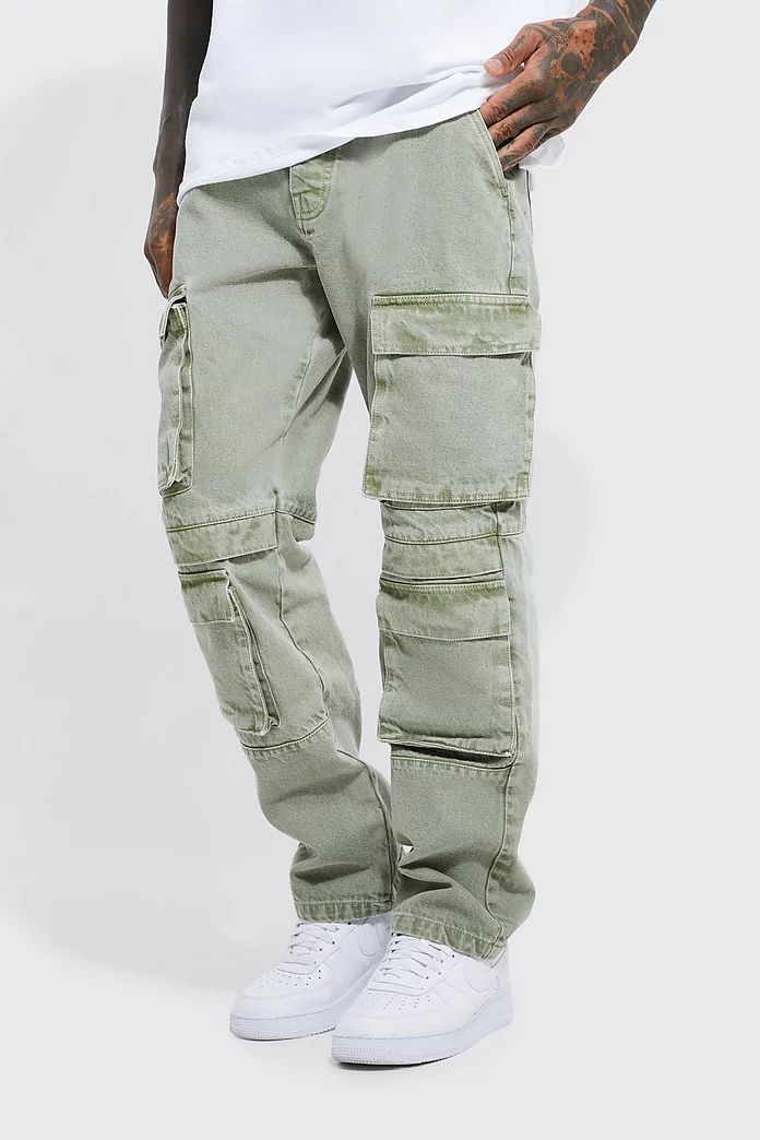Relaxed Fit Washed Multi Pocket Cargo Jeans