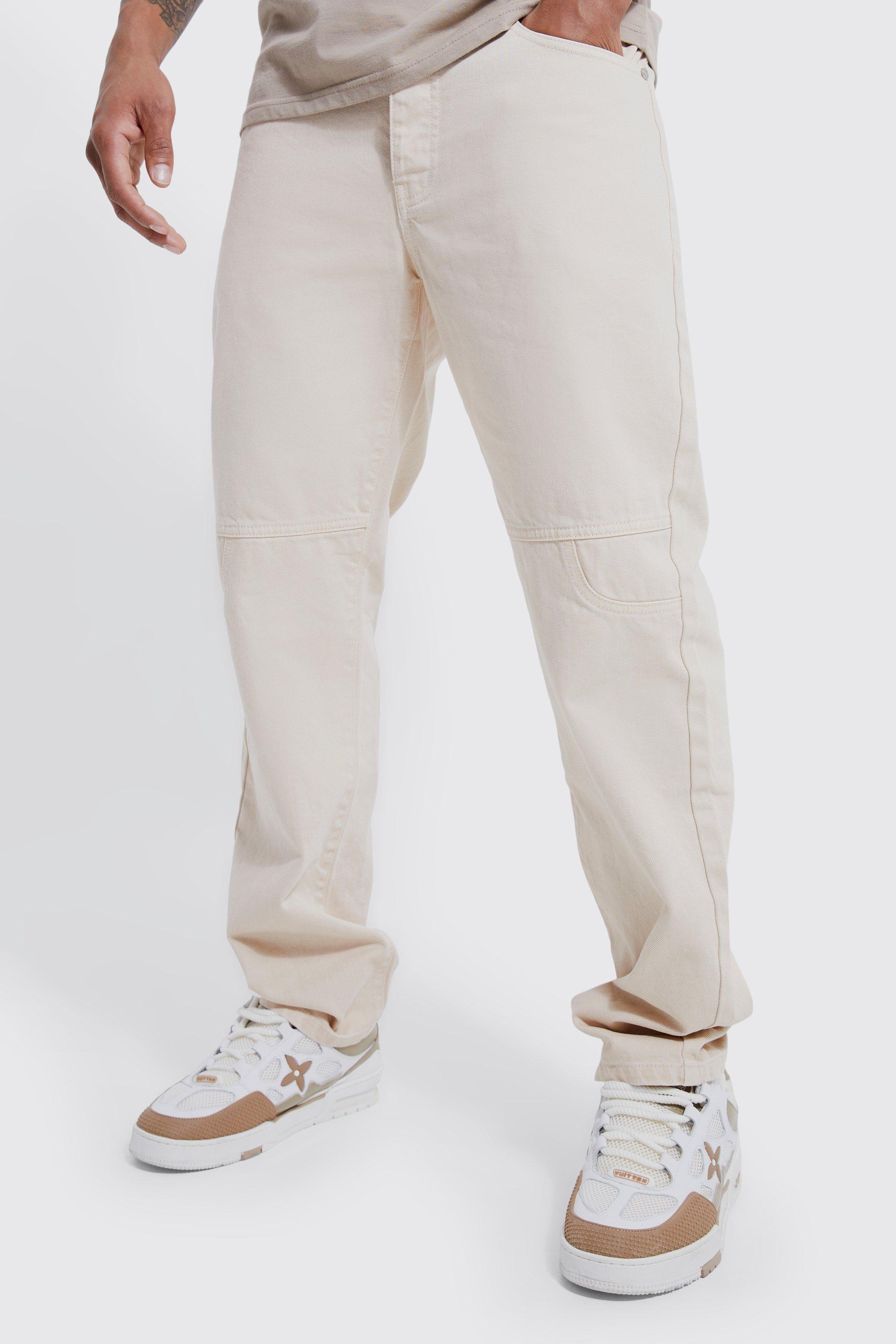 Mens Beige Relaxed Fit Overdyed Panel Jeans, Beige