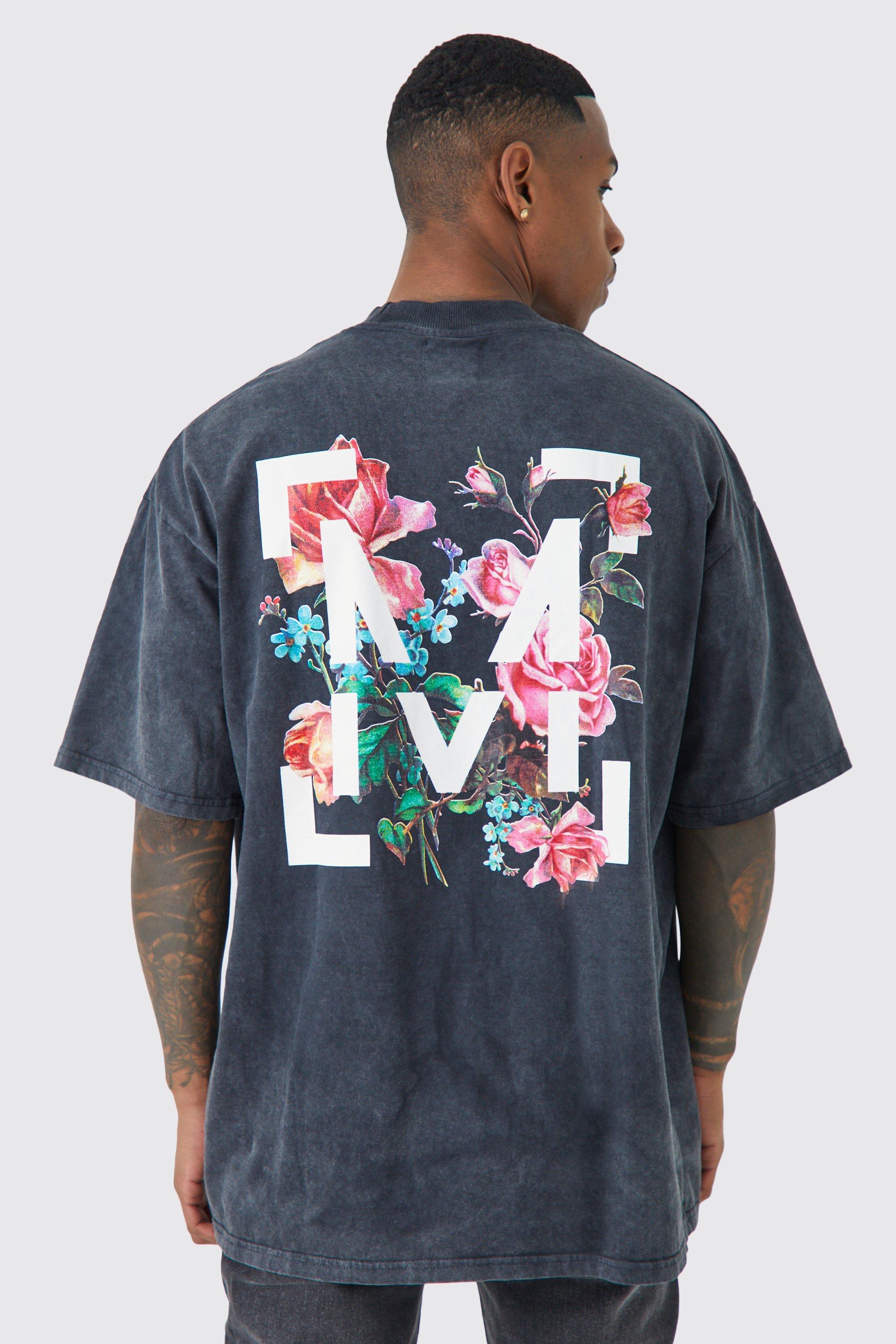 Mens Grey Oversized Floral Graphic Acid Wash T-shirt, Grey