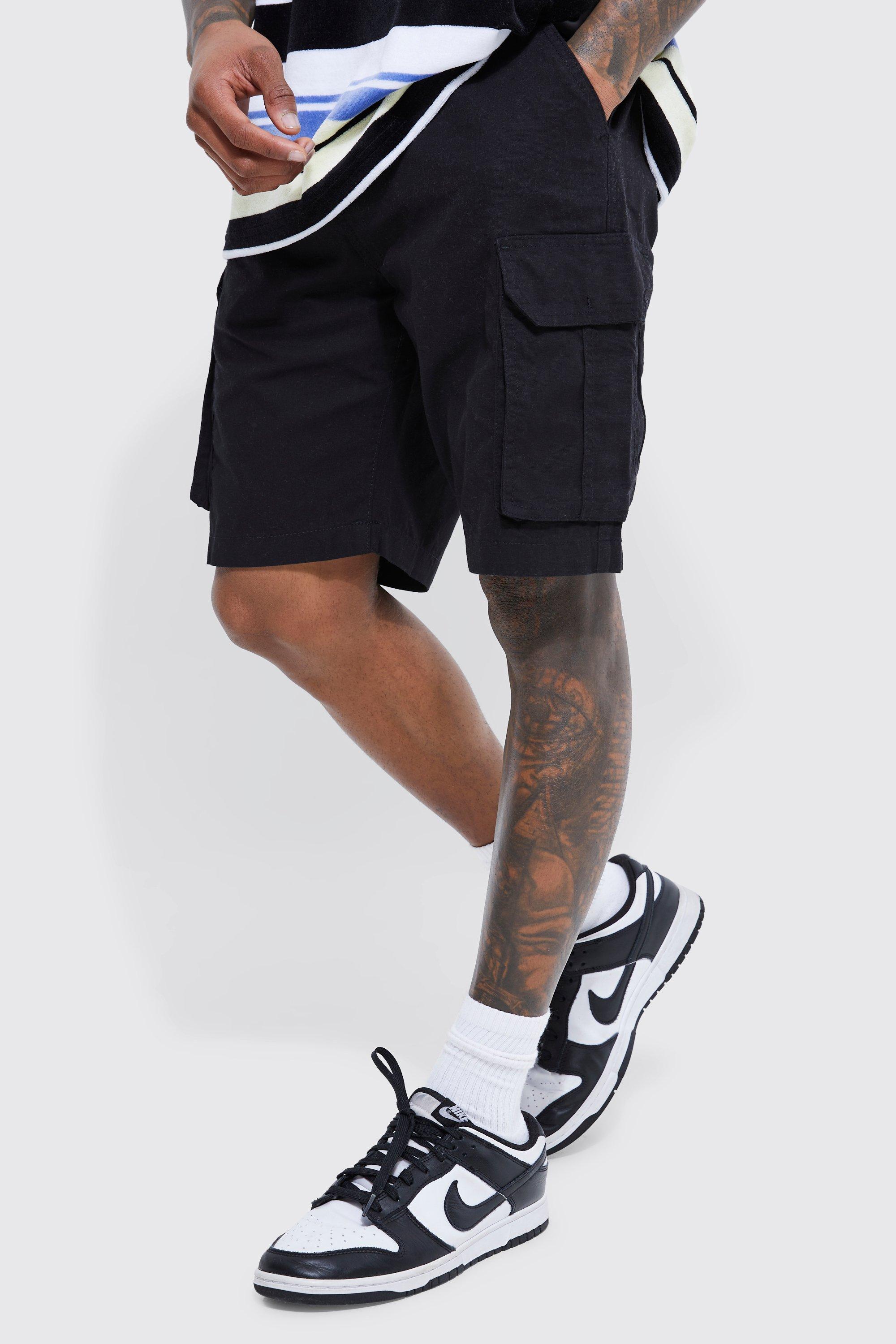 Mens Black Relaxed Elastic Waist Cargo Short, Black