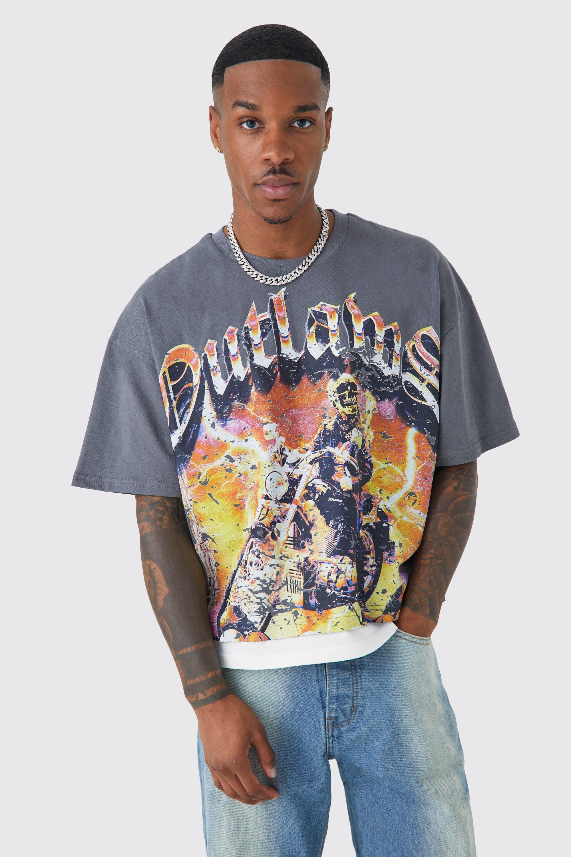 Mens Grey Oversized Boxy Outlaws Faux Layer T-shirt, Grey