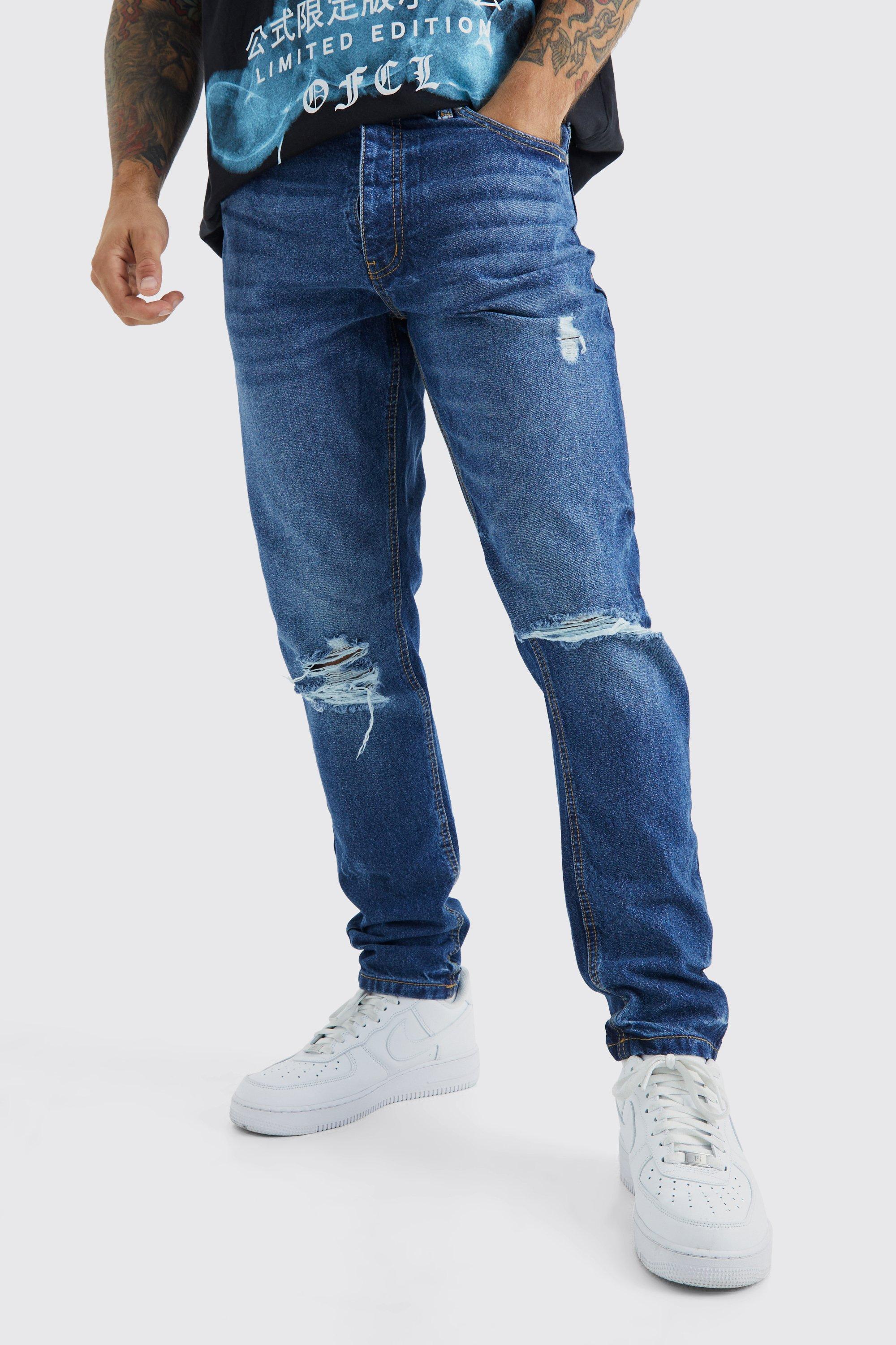 Mens Mid Blue Tapered Rigid Ripped Jeans