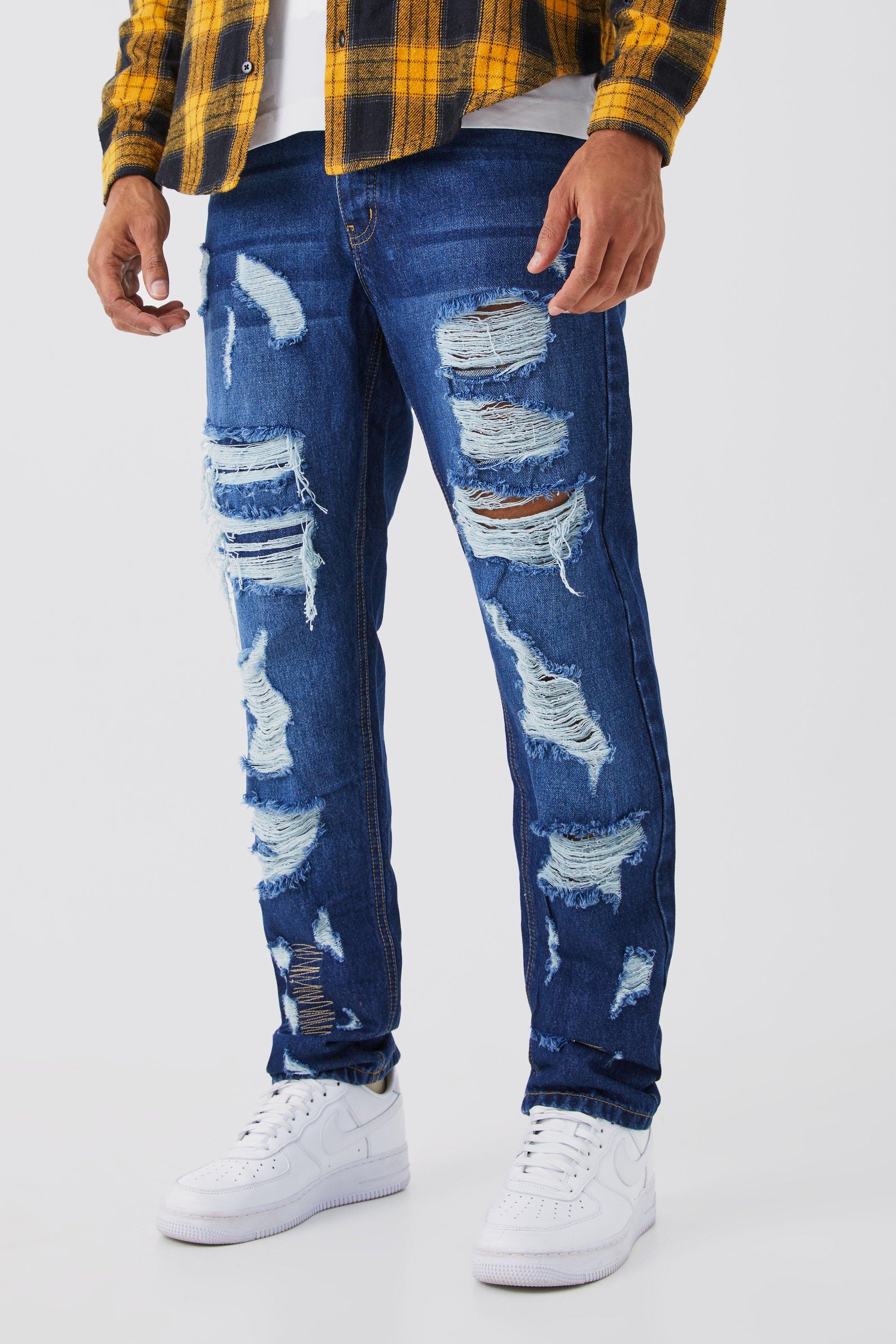 Mens Blue Straight Rigid All Over Ripped Jeans, Blue