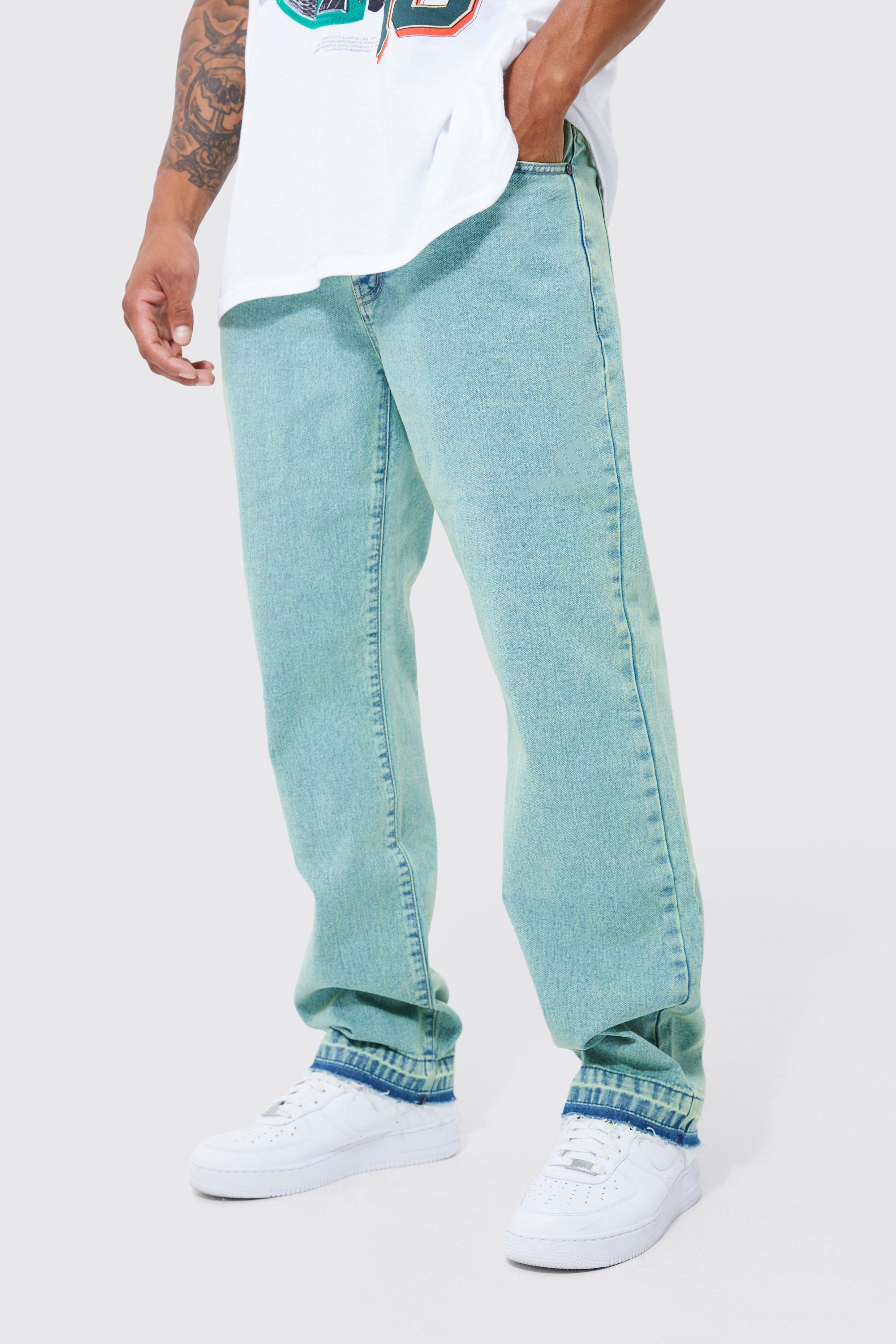 Mens Green Relaxed Rigid Acid Wash Jeans, Green