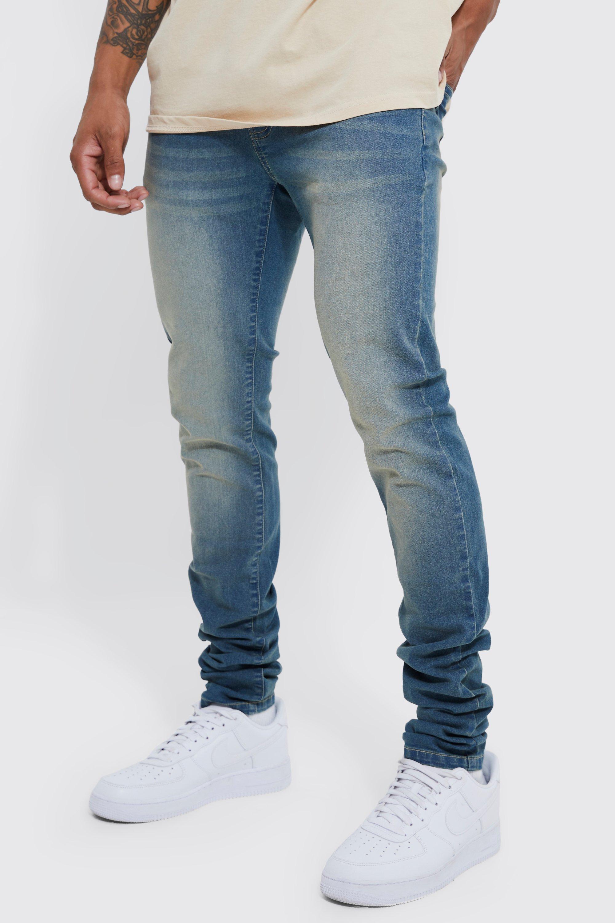 Mens Grey Skinny Stacked Extreme Washed Jeans, Grey