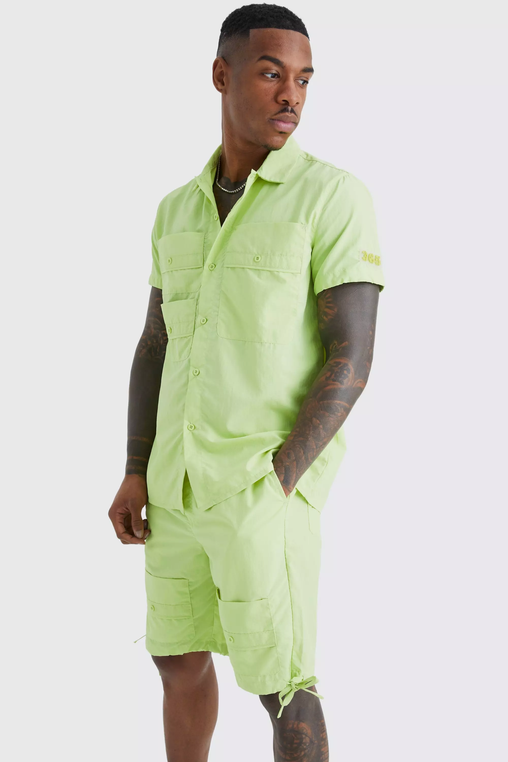 Short Sleeve Crinkle Nylon Utility Shirt & Short Set | boohooMAN USA