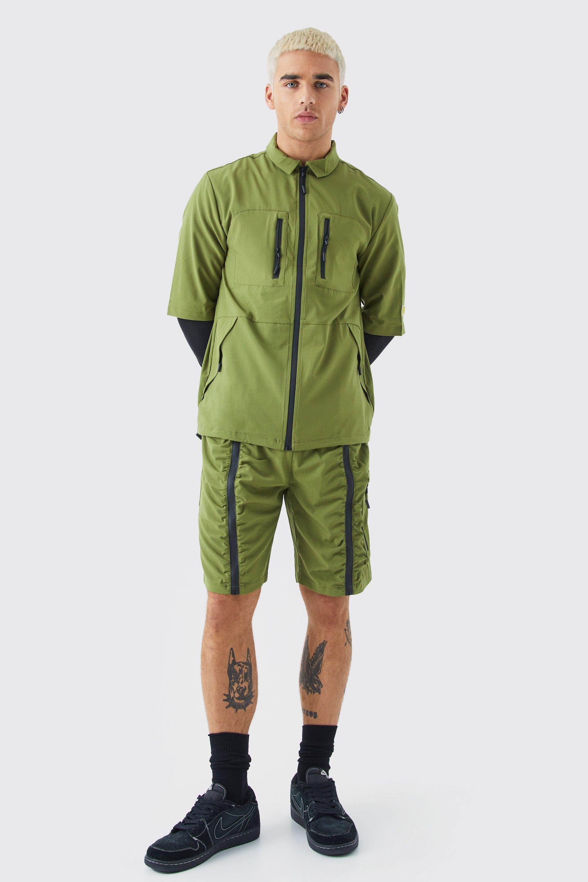 Mens Green Short Sleeve Technical Utility Shirt & Short Set, Green