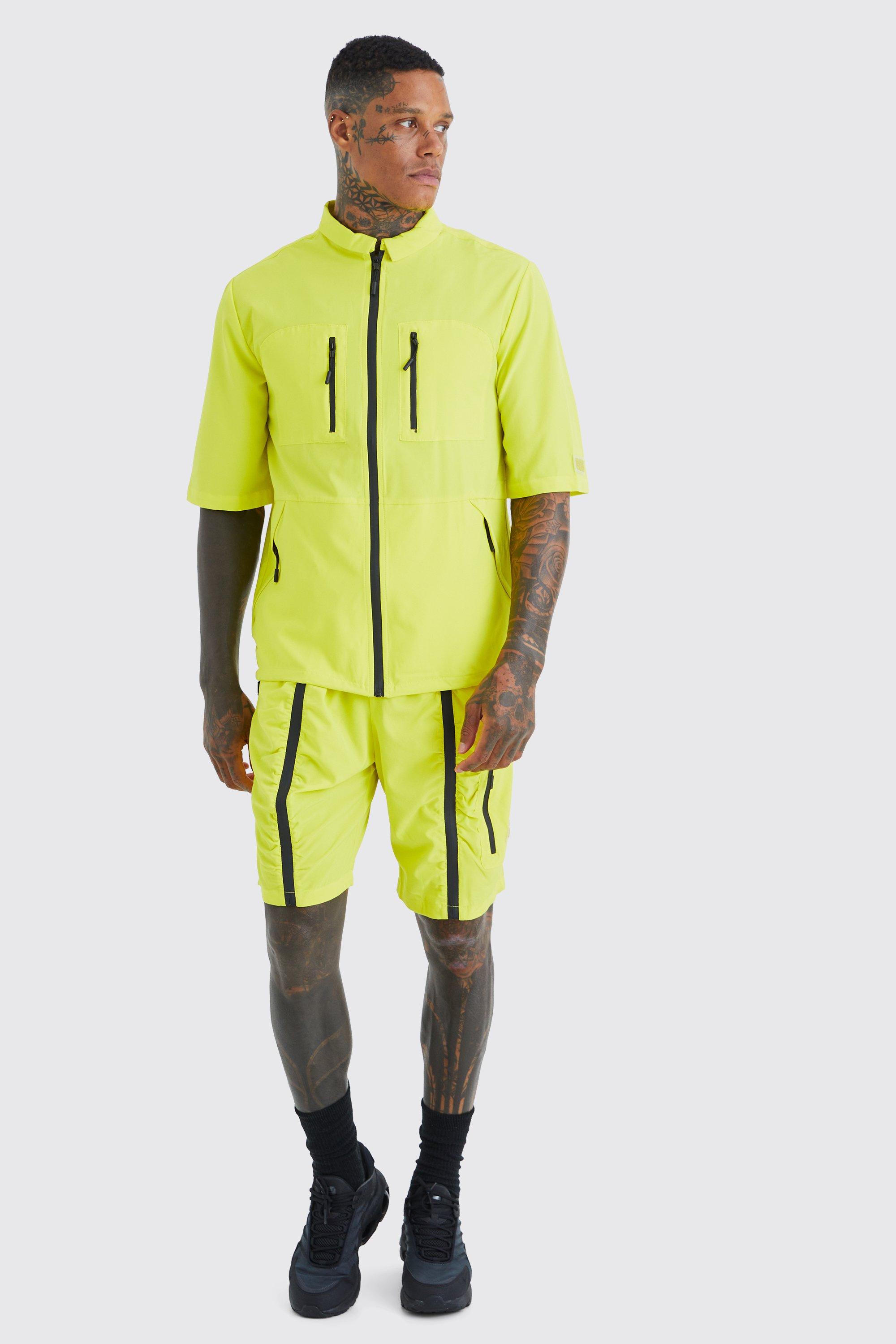 Mens Yellow Short Sleeve Technical Utility Shirt & Short Set, Yellow