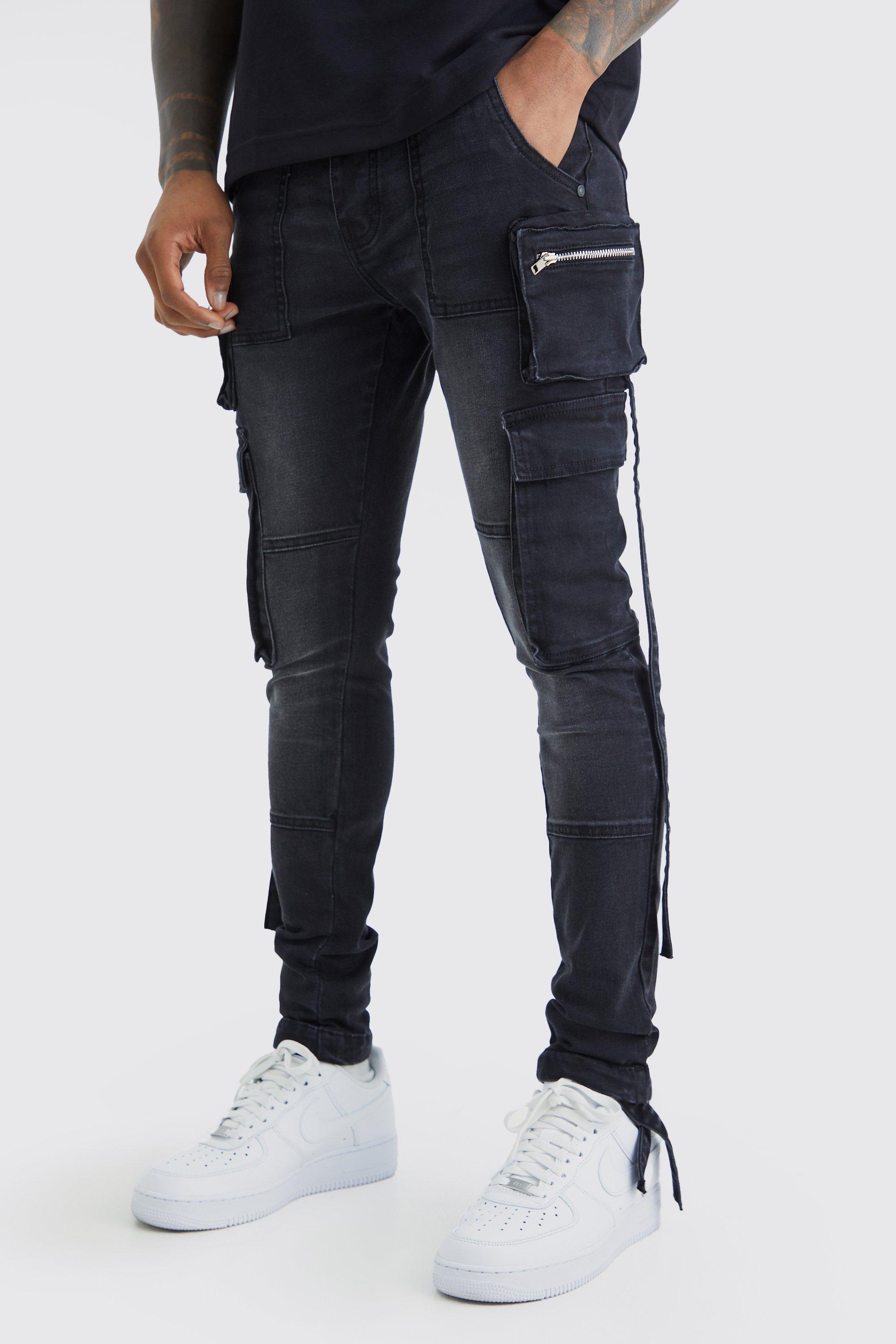 Image of Jeans Cargo Super Skinny Fit in Stretch con spalline, Nero
