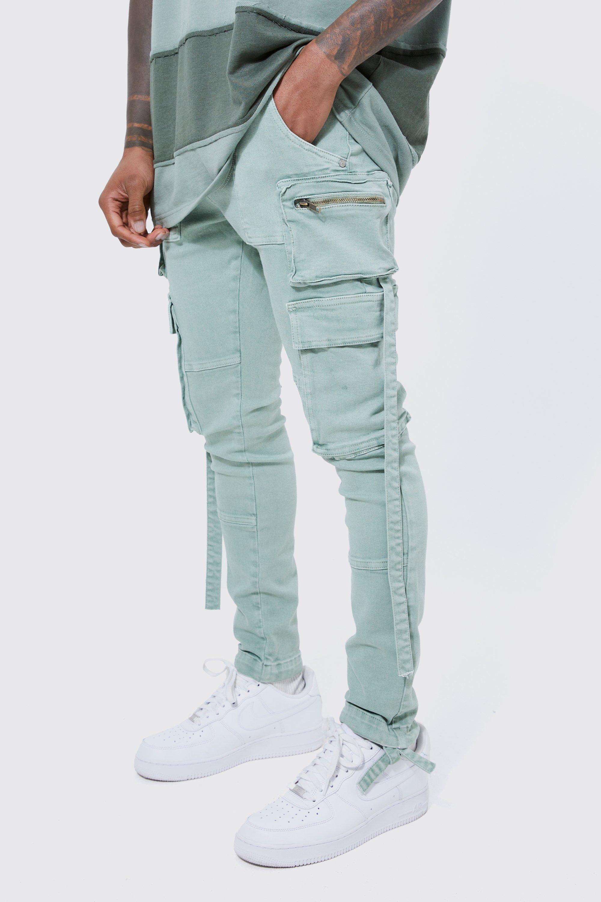 Image of Jeans Cargo Super Skinny Fit in Stretch con spalline, Verde