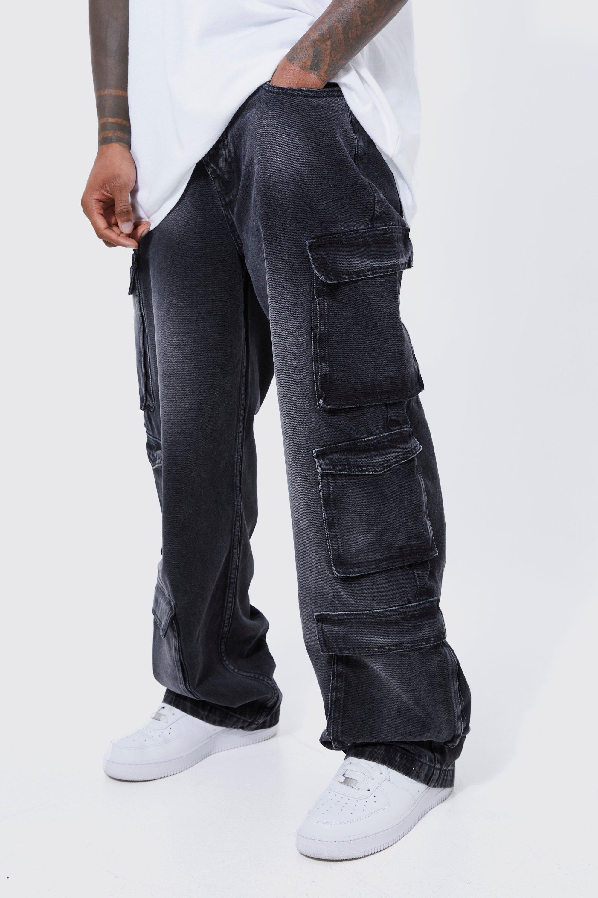 Mens Black Baggy Rigid Multi Pocket Cargo Bleached Jeans, Black