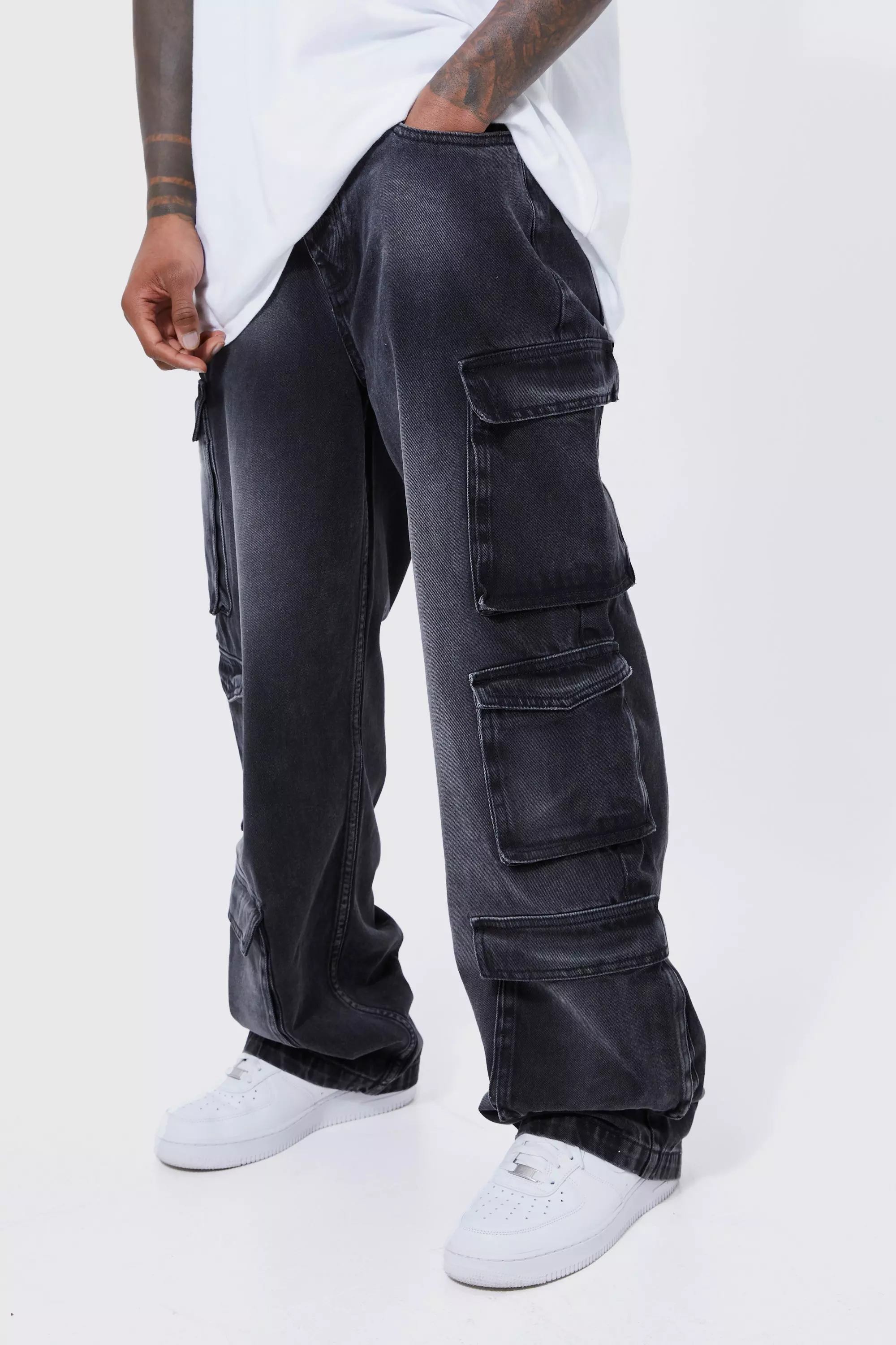 Baggy Rigid Multi Pocket Cargo Bleached Jeans | boohooMAN USA