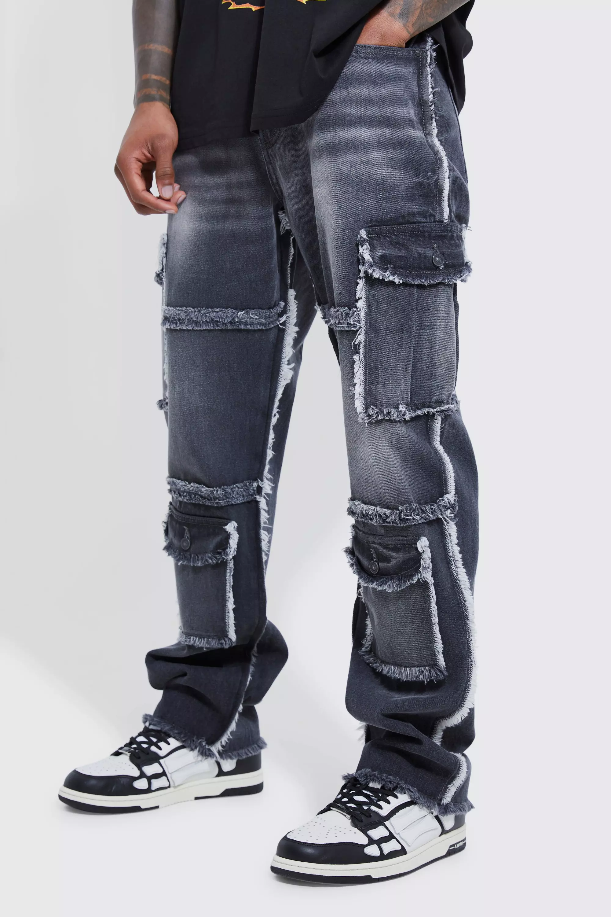 Relaxed Rigid Frayed Multi Cargo Jeans