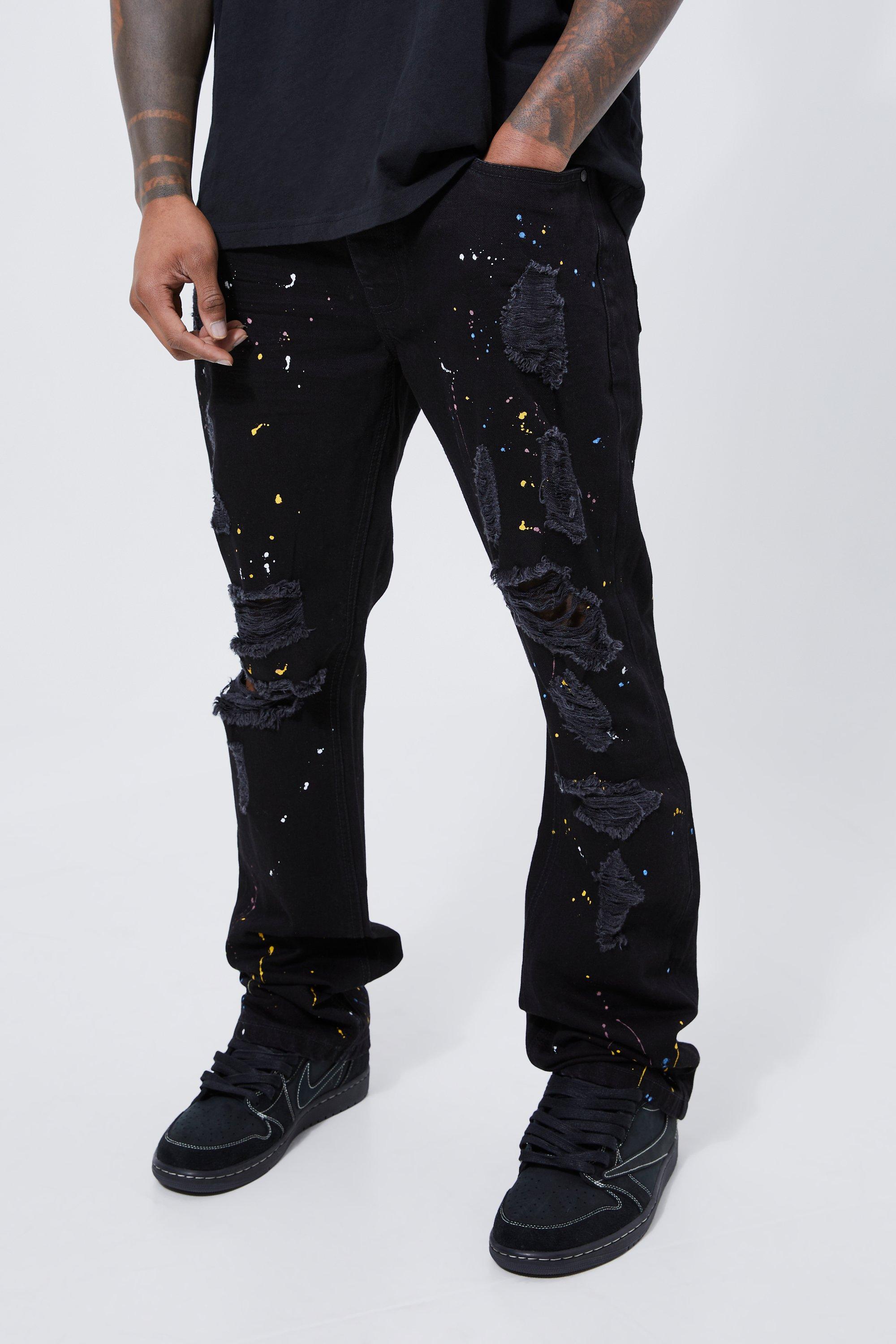 Image of Jeans a zampa Slim Fit in denim rigido con schizzi di colore, Nero