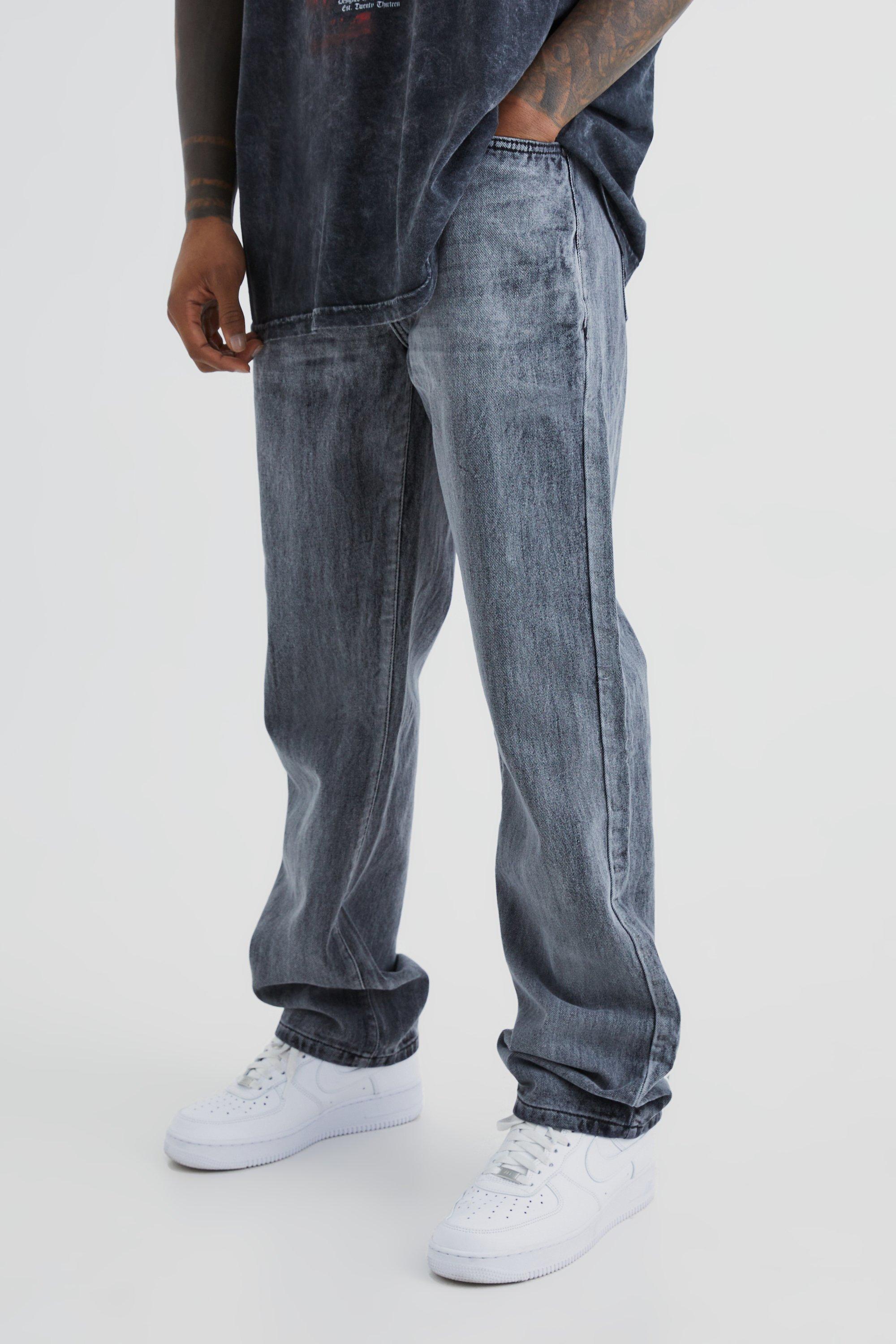 Mens Grey Relaxed Rigid Bleached Jeans, Grey