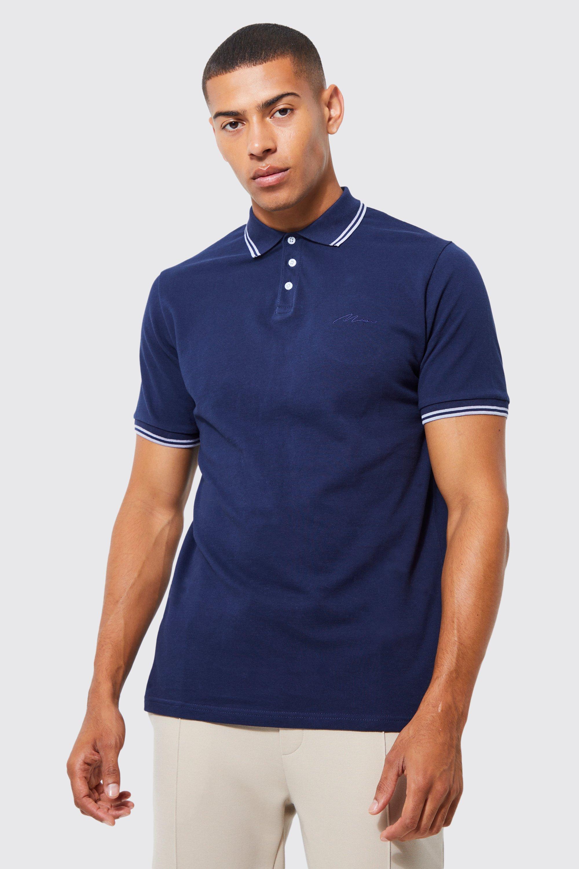 Image of Polo Slim Fit in piqué con firma Man e righe a contrasto, Azzurro