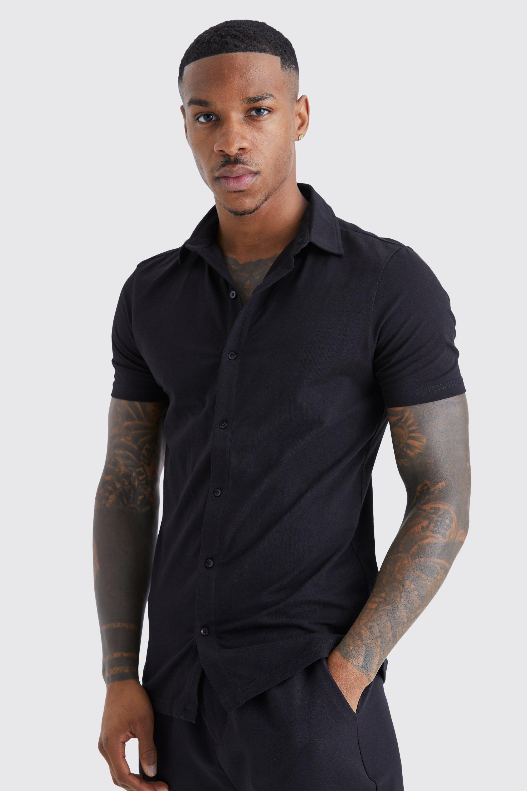 Mens Black Short Sleeve Muscle Fit Jersey Shirt, Black