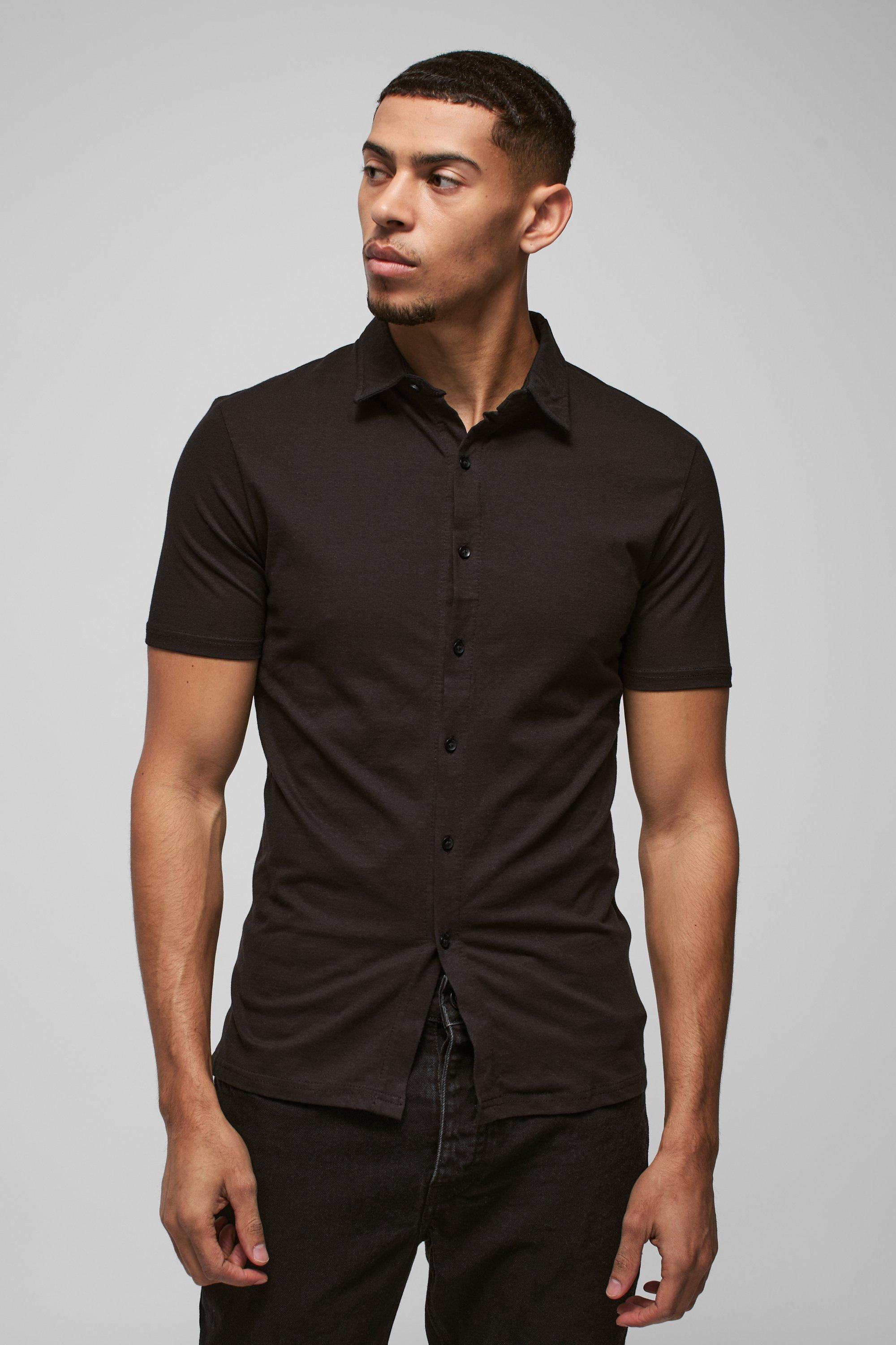 Mens Black Short Sleeve Stretch Fit Jersey Shirt, Black