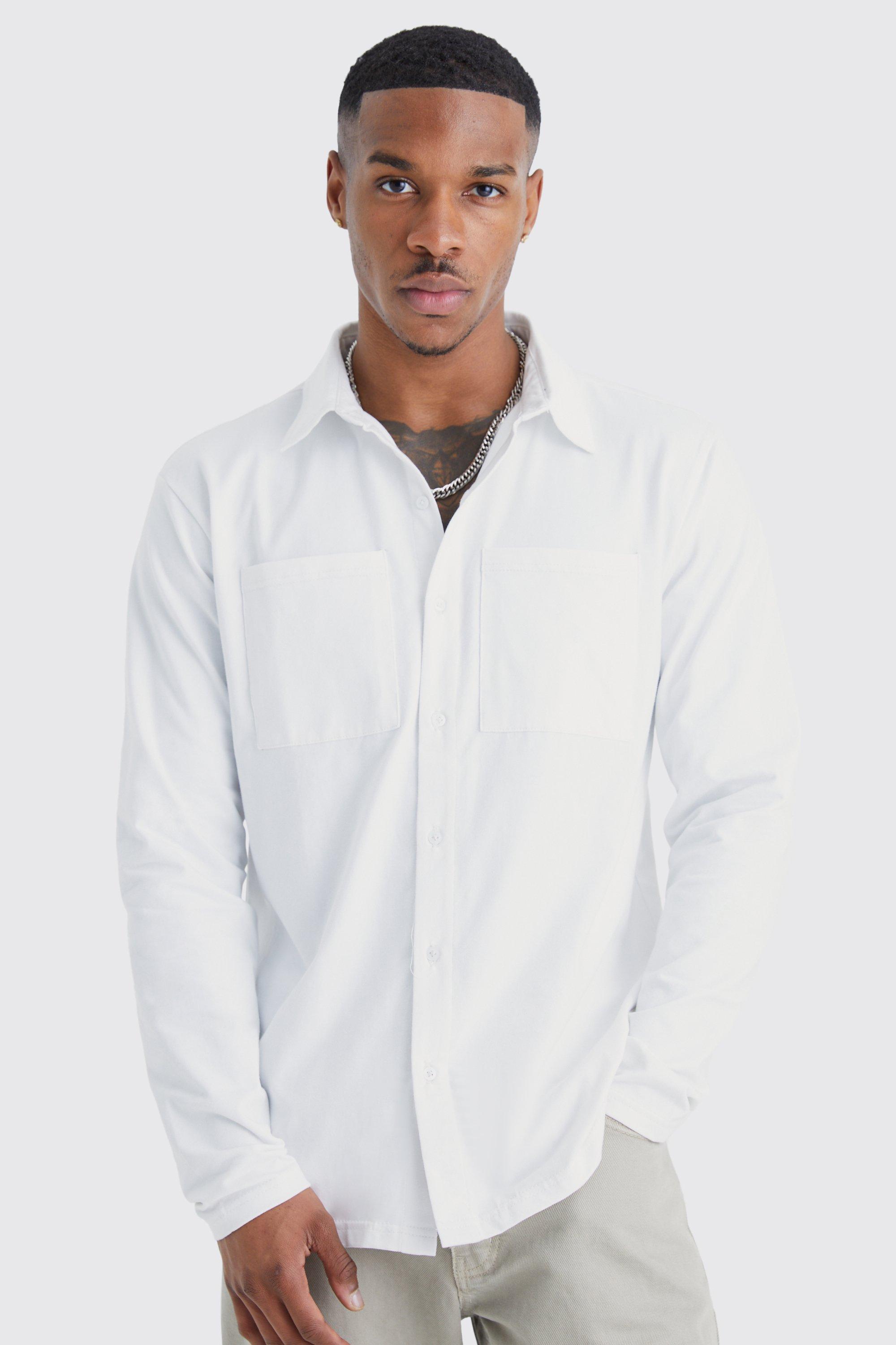 Mens White Long Sleeve Jersey Shirt, White