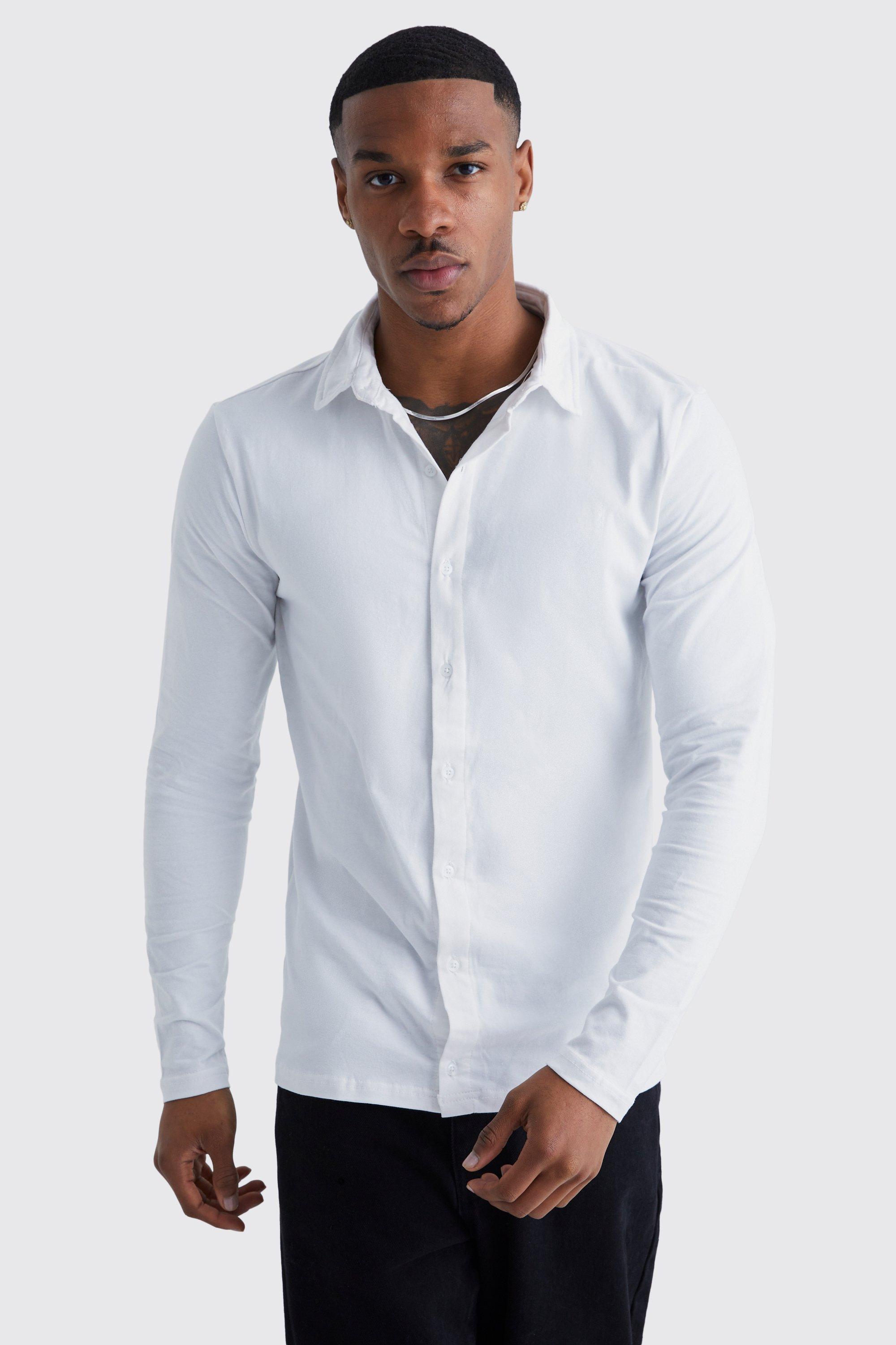 Mens White Long Sleeve Muscle Fit Jersey Shirt, White