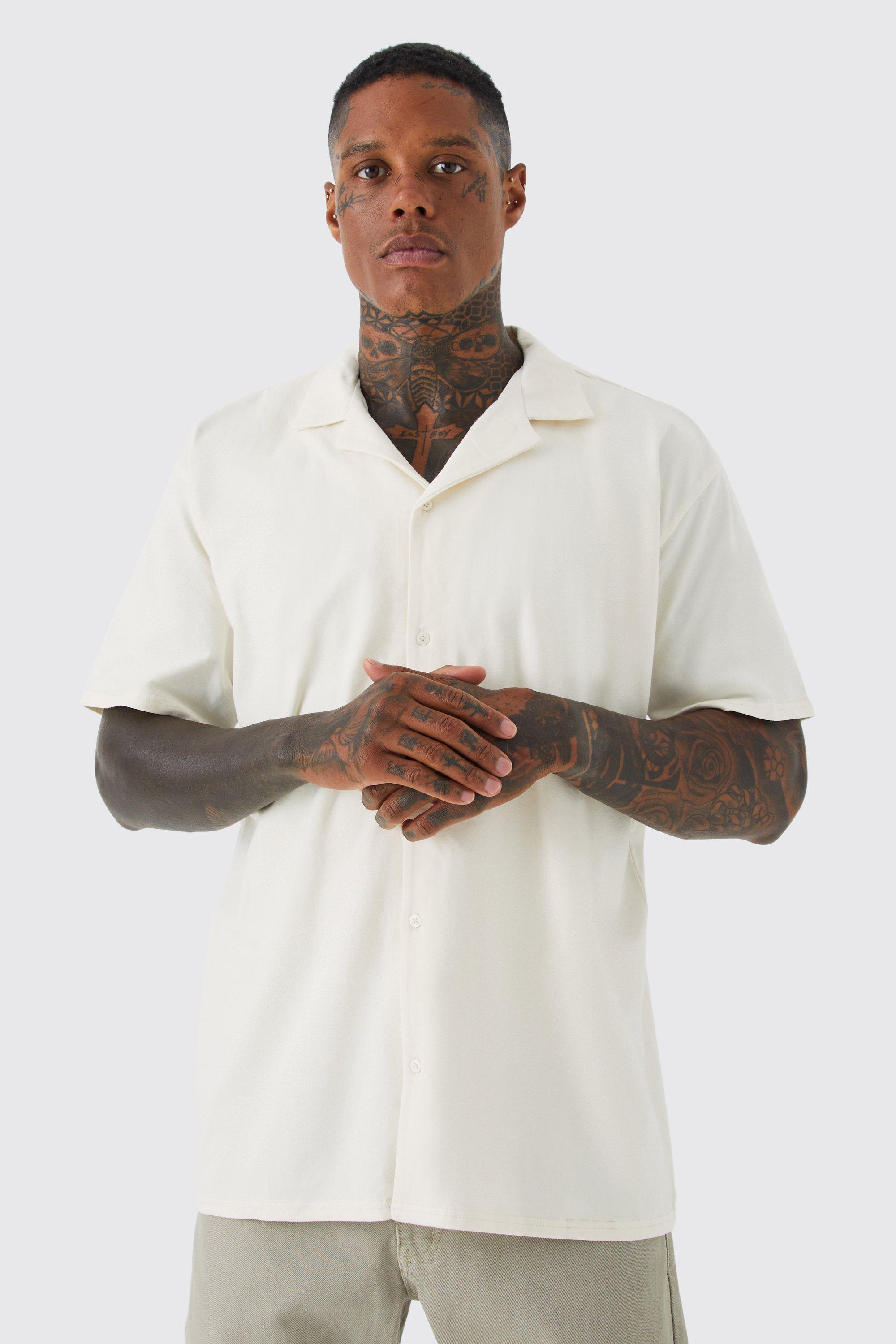 Mens Cream Short Sleeve Oversized Revere Jersey Shirt, Cream