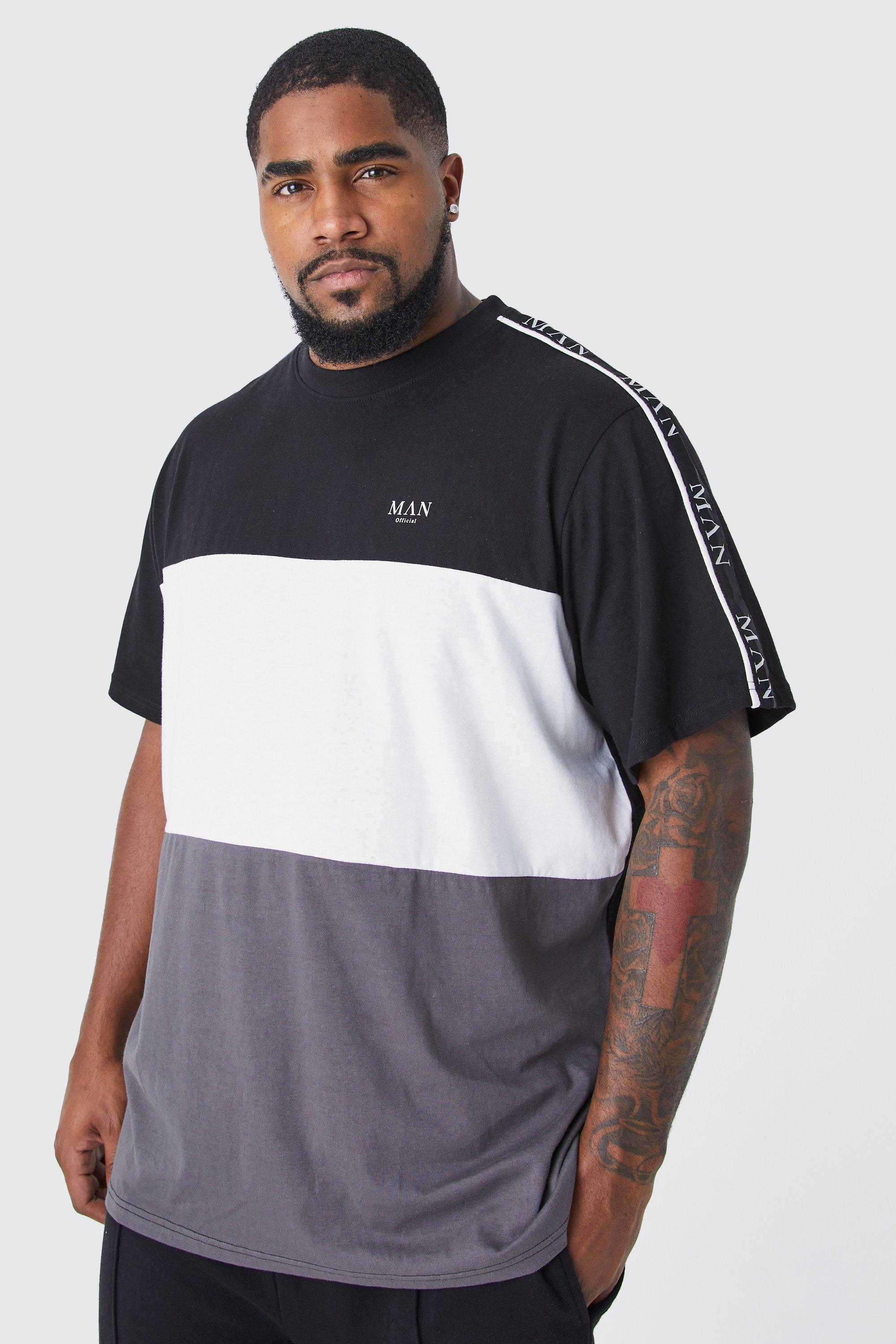 Image of T-shirt Plus Size Man a blocchi di colore con caratteri romani e striscia, Nero
