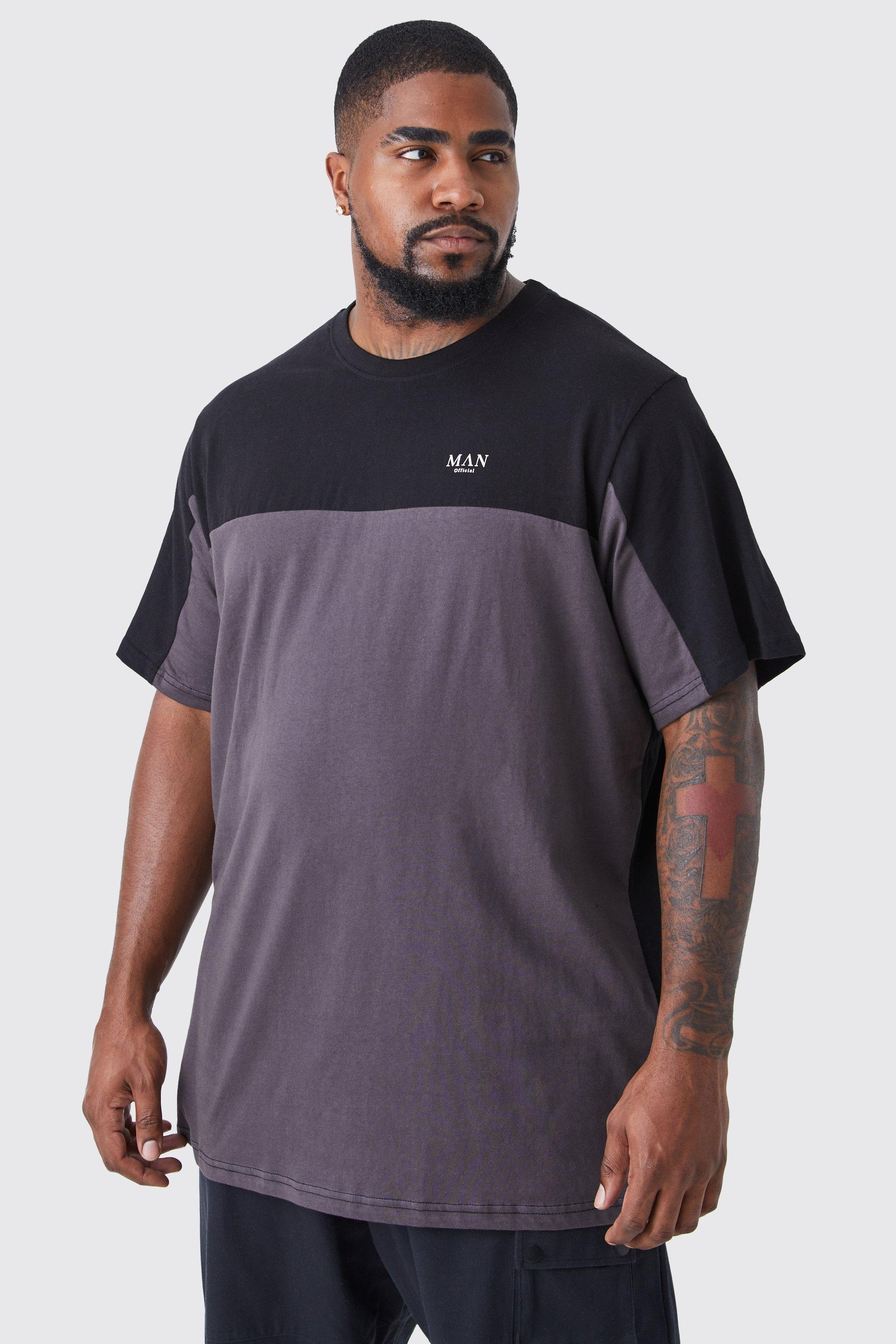 Mens Black Plus Roman Man Longline Colour Block T-Shirt, Black