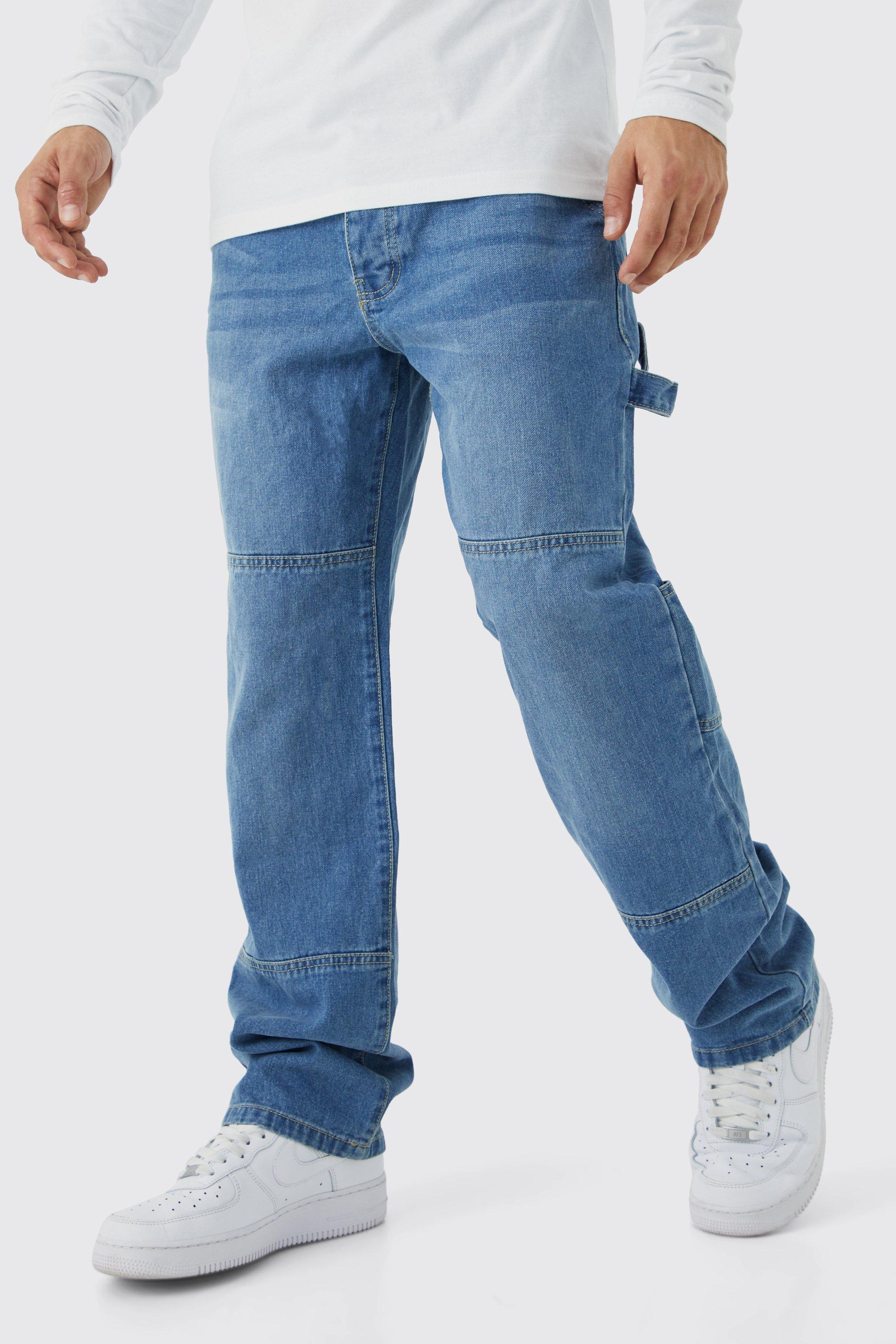 Mens Blue Relaxed Fit Carpenter Jeans With Drop Crotch, Blue
