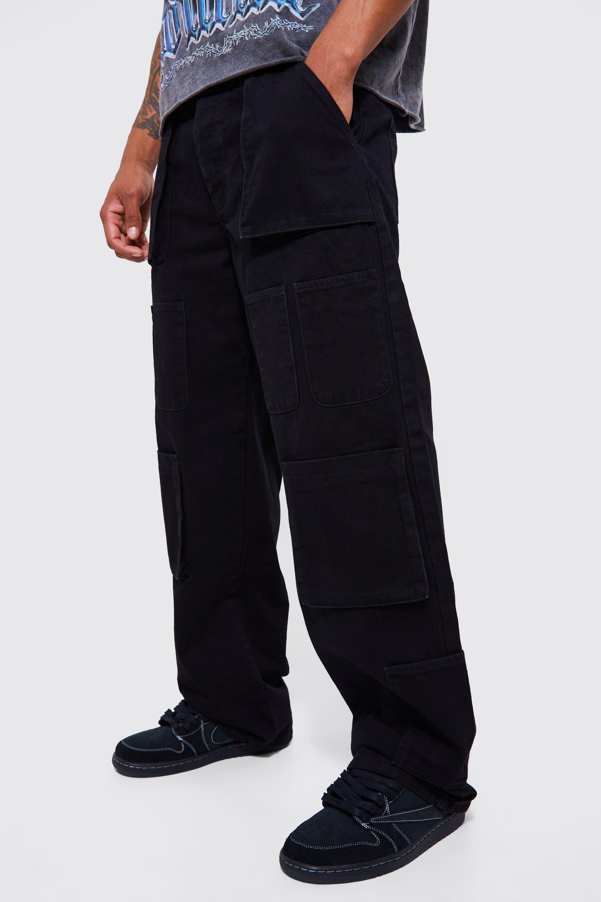 Mens Black Baggy Fit Multi Cargo Pocket Jeans, Black