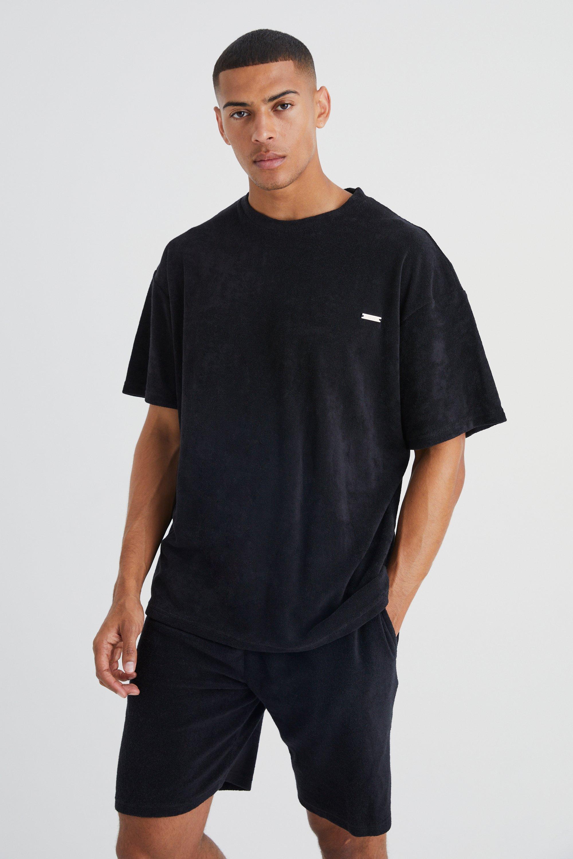 Mens Black Oversized Premium Towelling T-shirt & Short Set, Black
