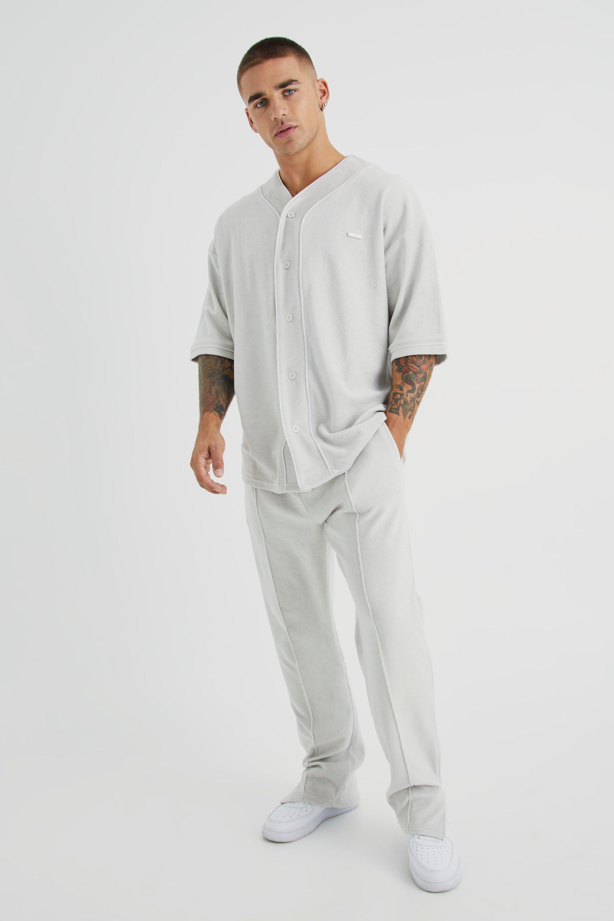 Mens Grey Oversized Premium Towelling Baseball T-shirt Tracksuit, Grey