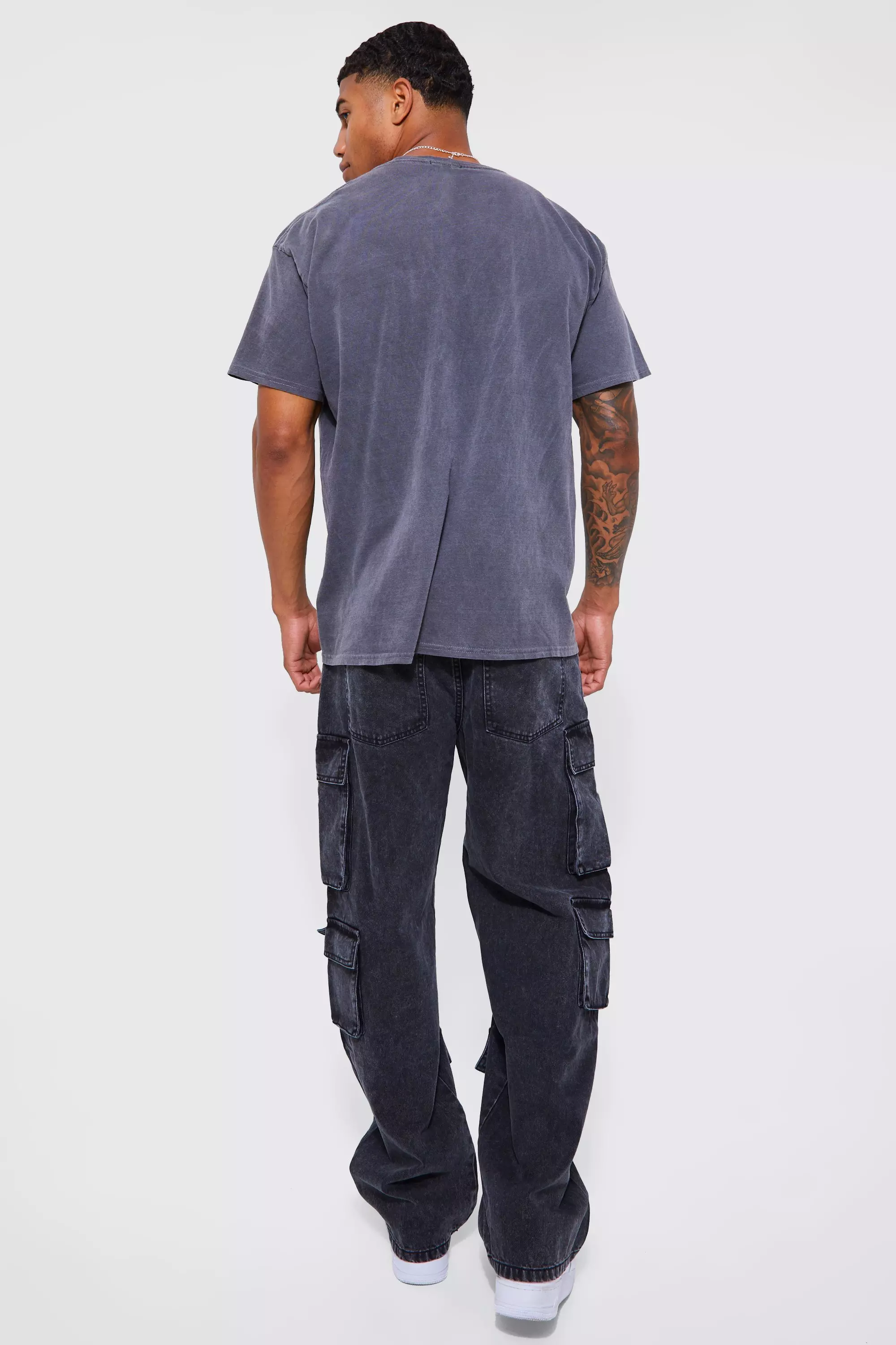 Acid Wash Utility Cargo Jeans - Black