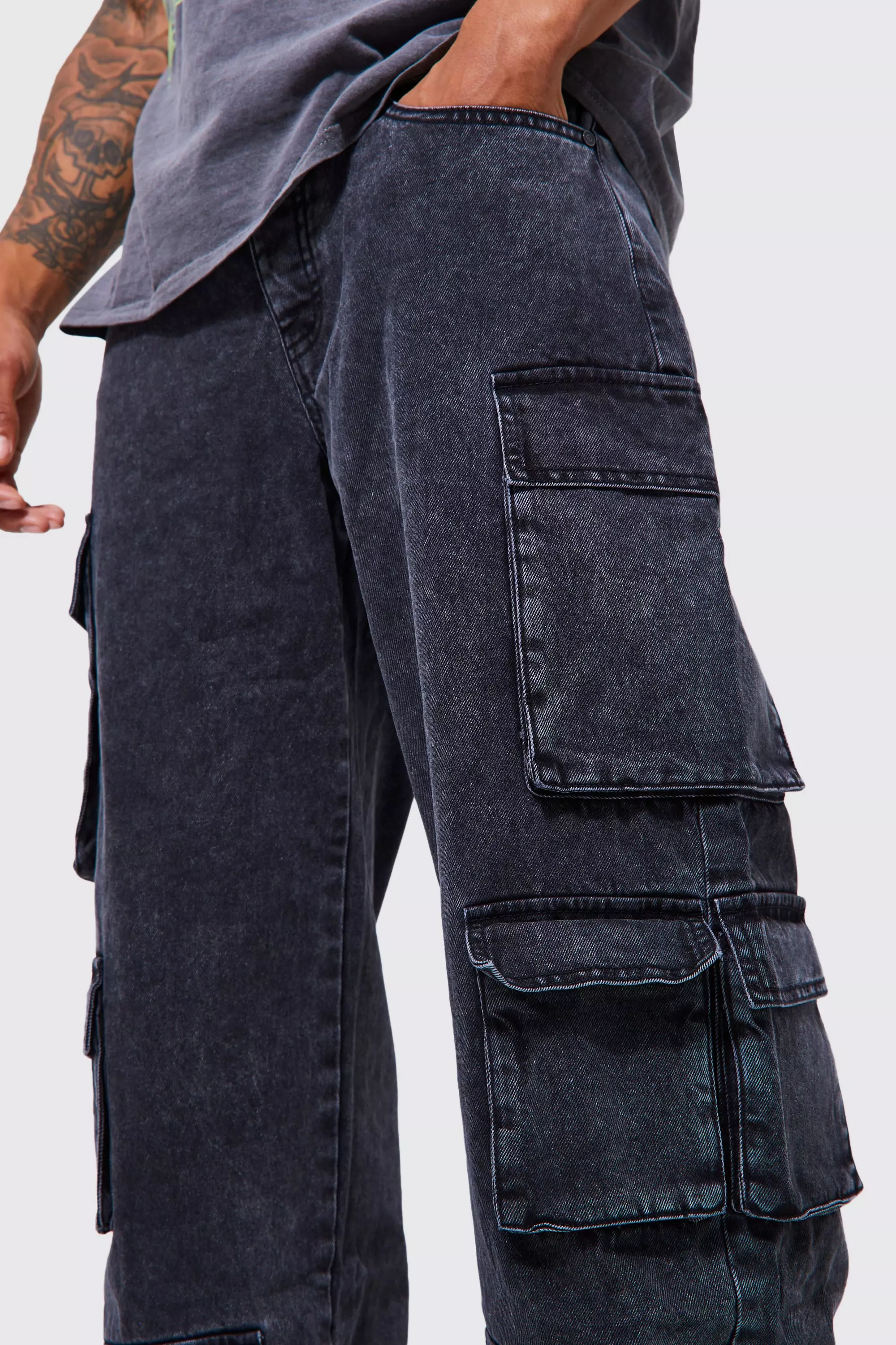 Relaxed Fit Acid Wash Cargo Jeans