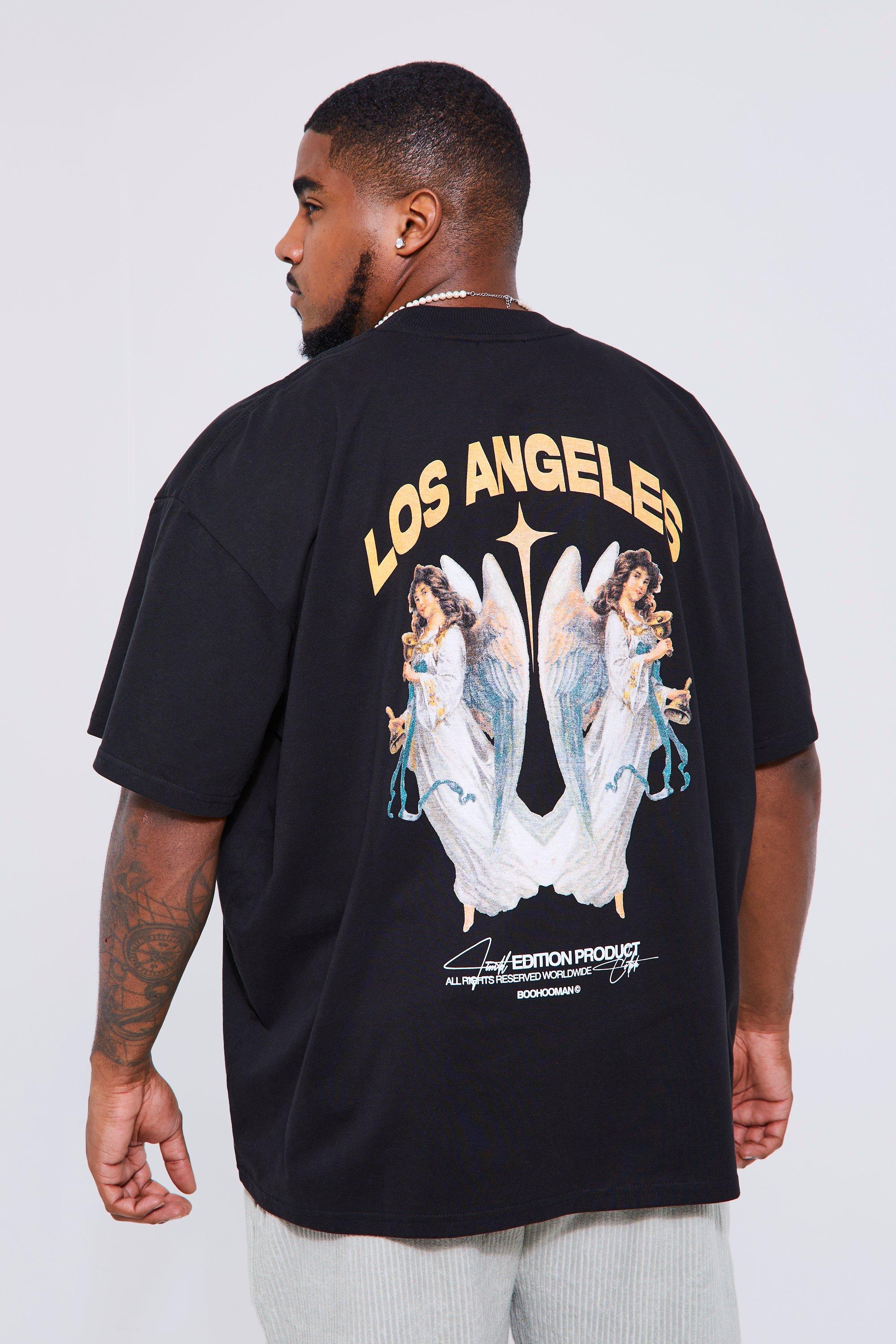 Mens Black Plus Oversized Heavyweight Lost Angels T-shirt, Black