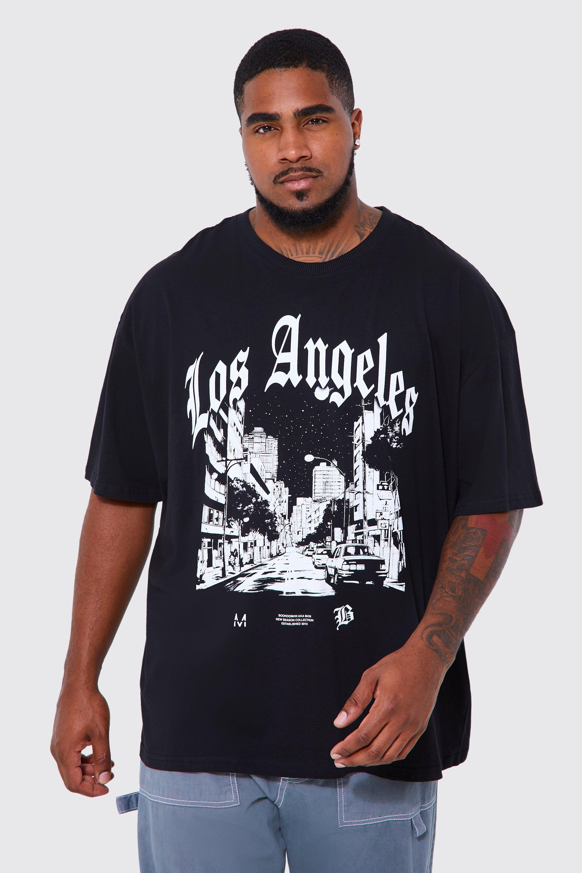 Mens Black Plus Oversized Los Angeles Cityscape T-shirt, Black