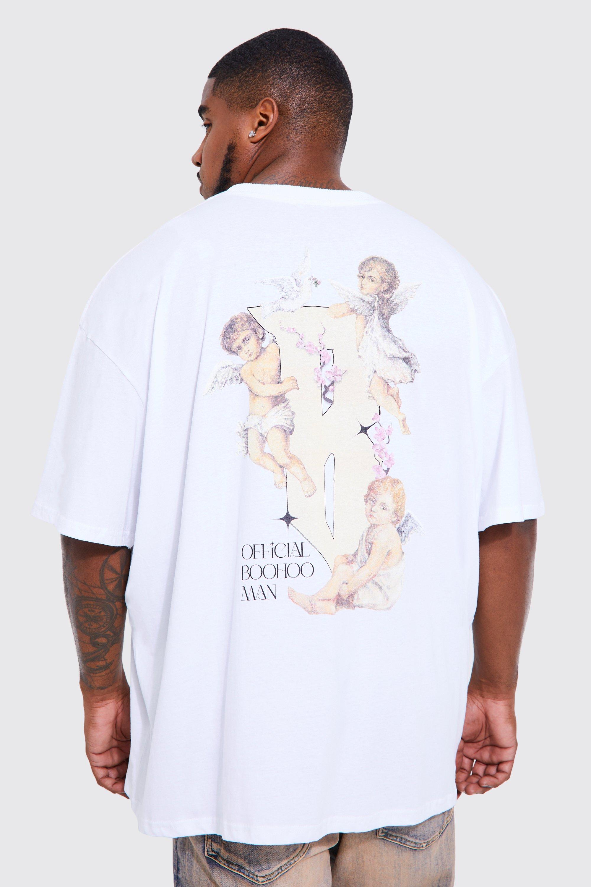 Mens White Plus Oversized Cupids Lovers B Print T-shirt, White