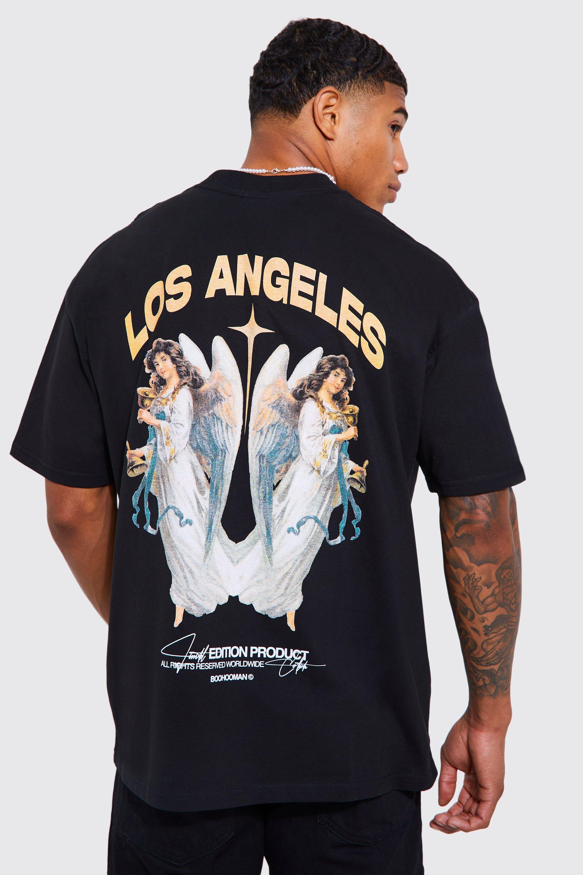Mens Black Oversized Heavyweight Lost Angels T-shirt, Black