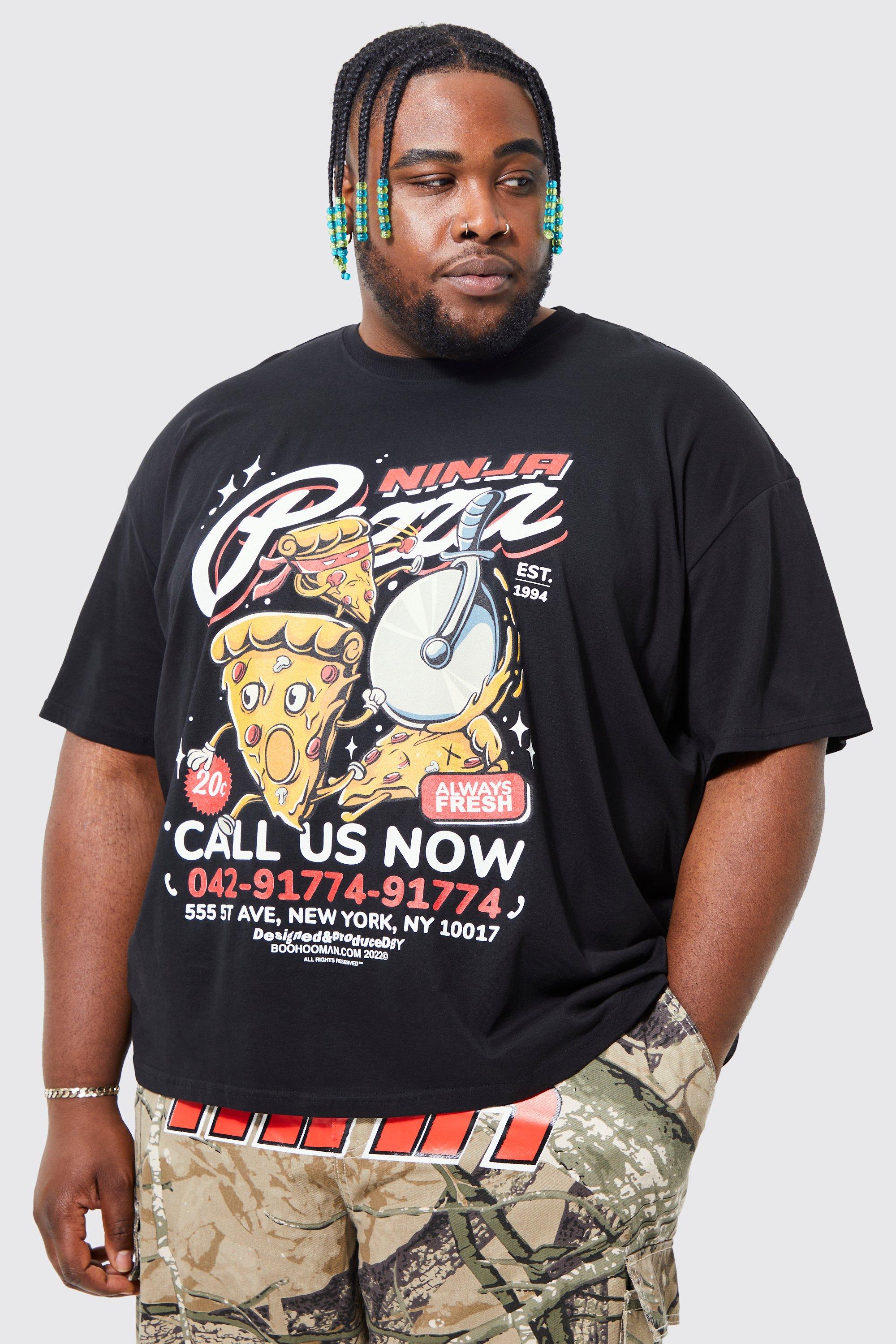 Mens Black Plus Oversized Ninja Pizza Delivery T-shirt, Black