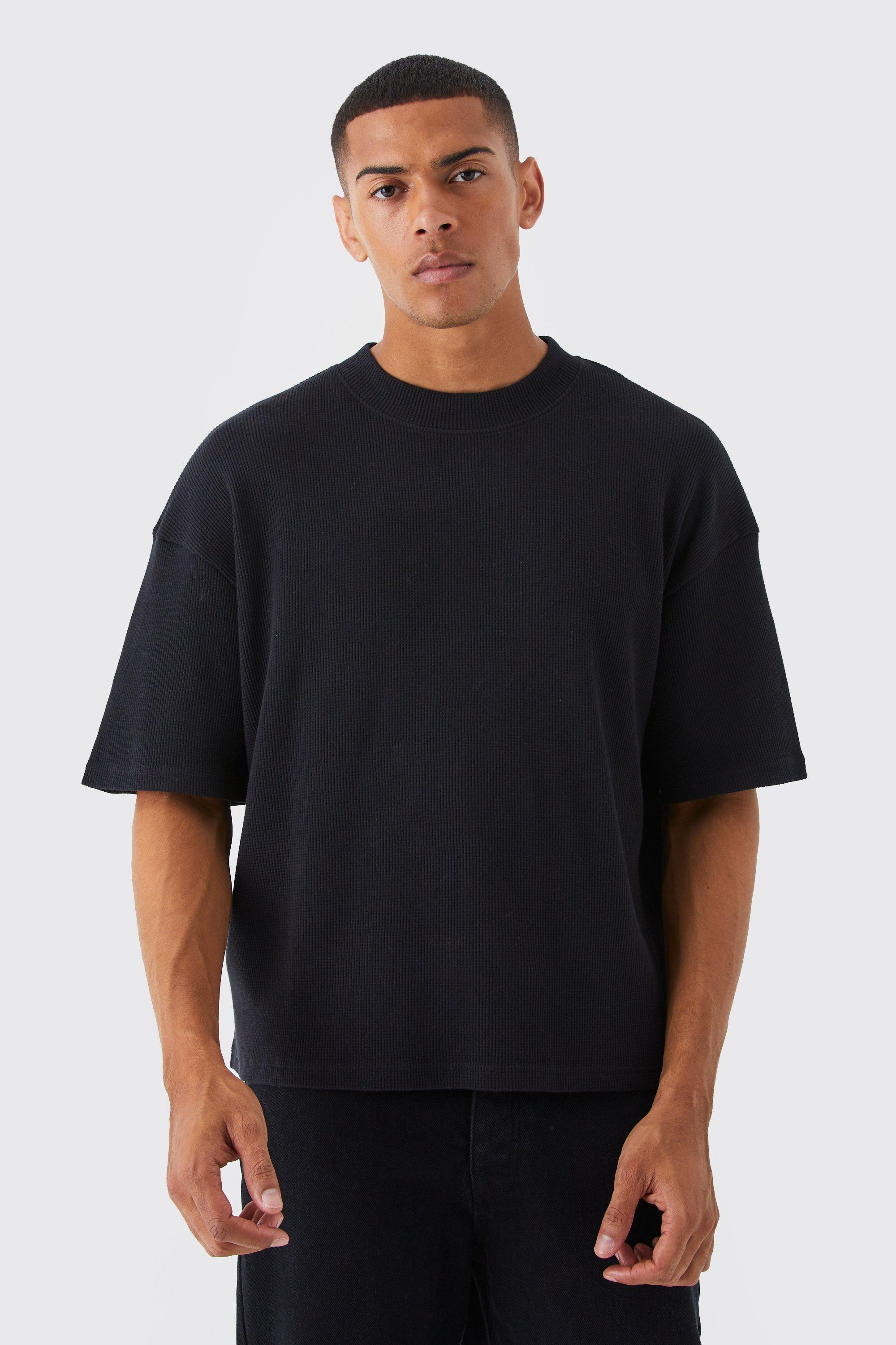 Image of T-shirt squadrata oversize con trama a nido d'ape, Nero