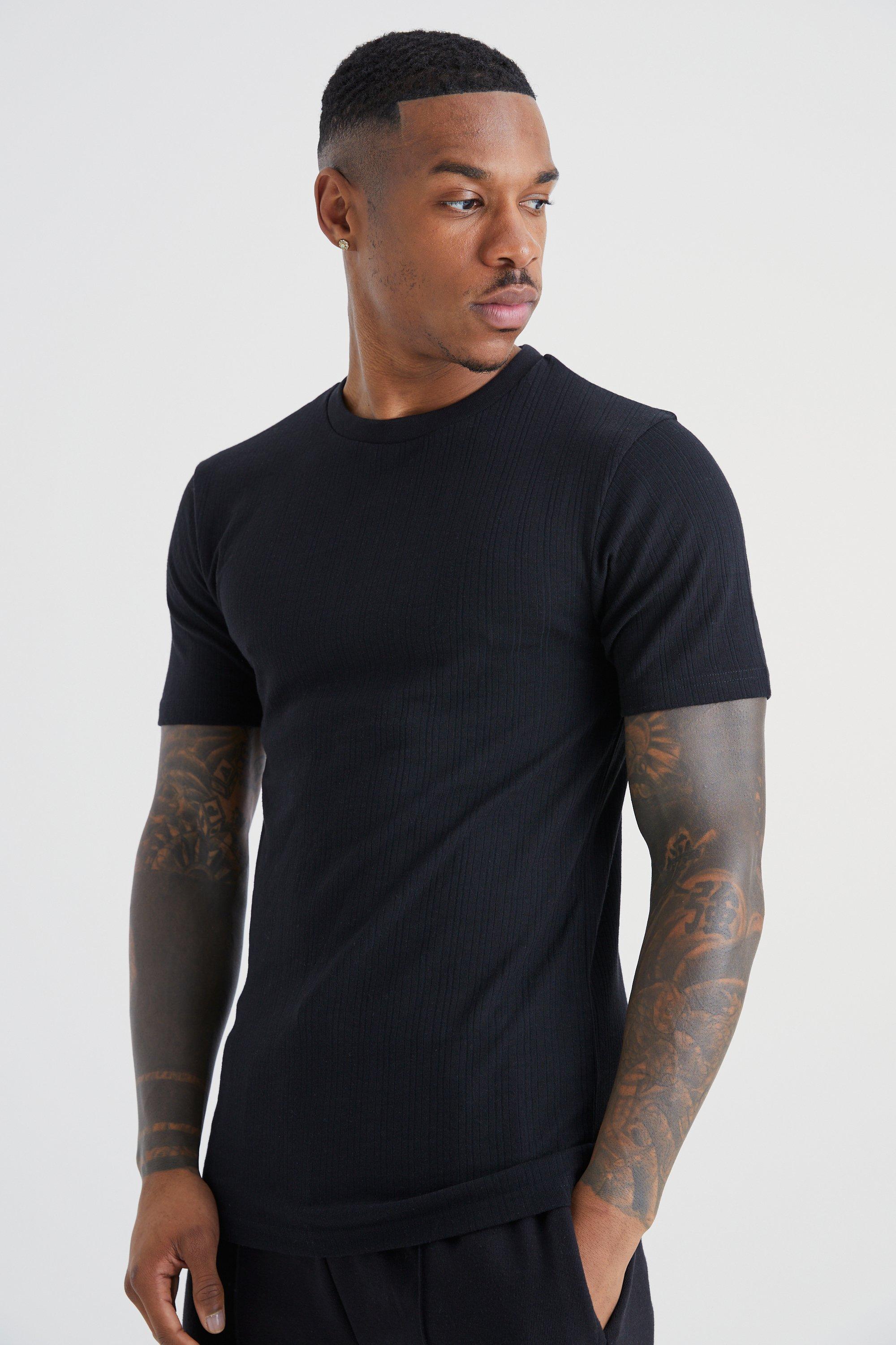 Mens Black Muscle Fit Ribbed T-shirt, Black