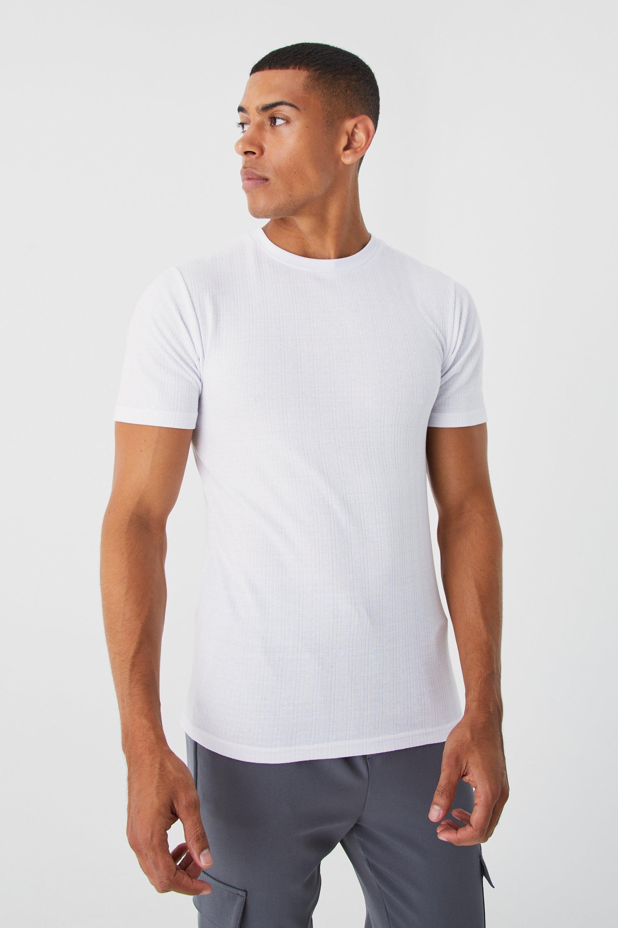 Mens White Muscle Fit Ribbed T-shirt, White