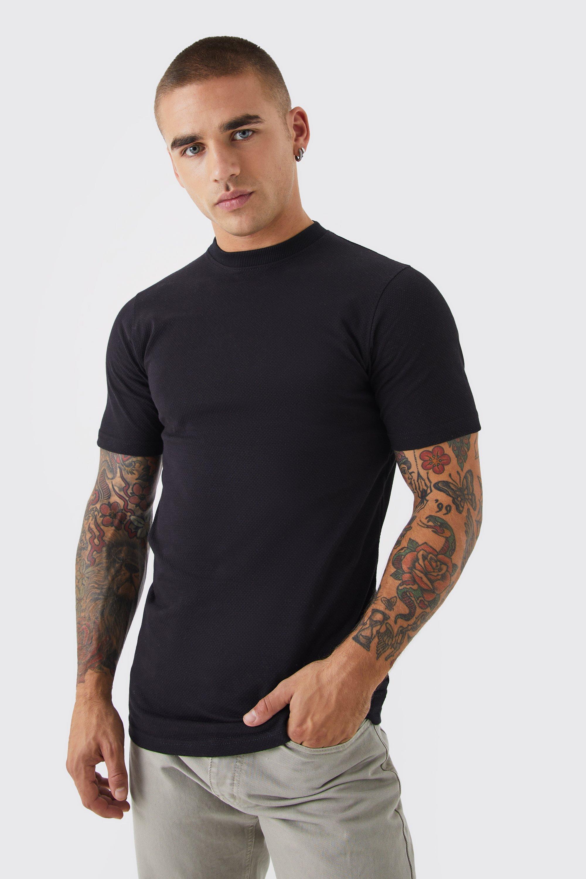 Mens Black Slim Fit Popcorn Waffle T-shirt, Black