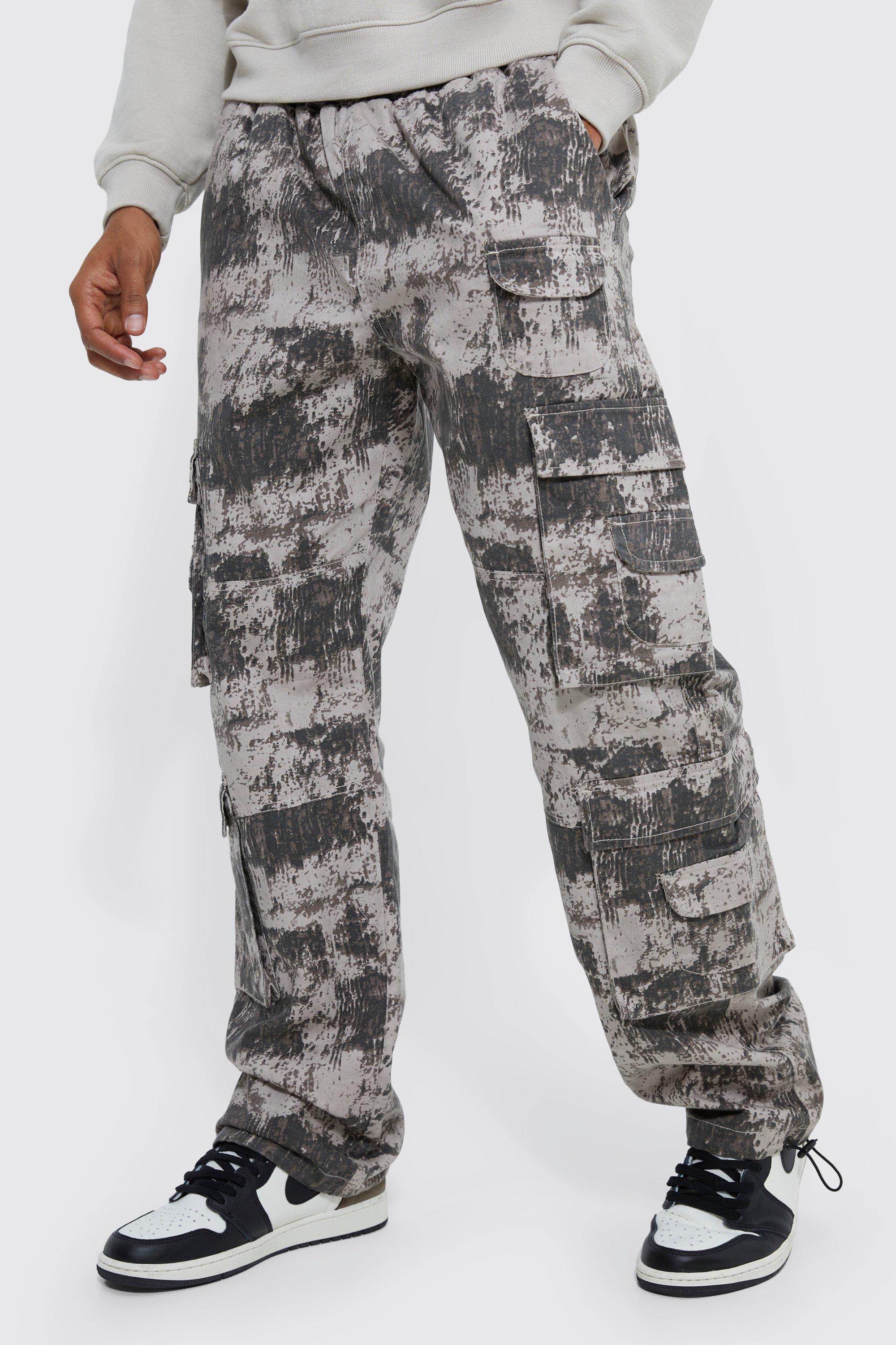 Mens Elasticated Waist Printed Multi Pocket Stacked Cargo Trousers, Multi