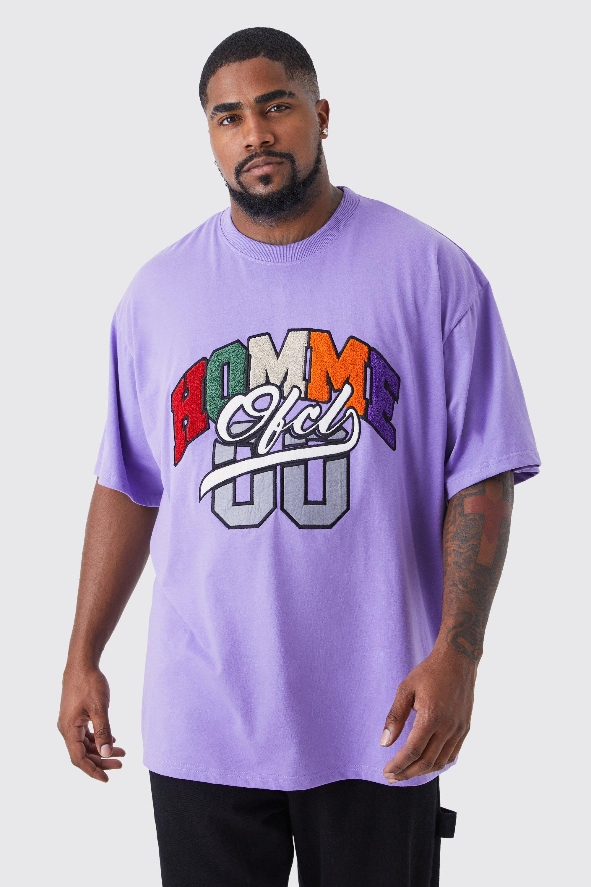 Mens Purple Plus Oversized Homme Washed Varsity Applique T-shirt, Purple