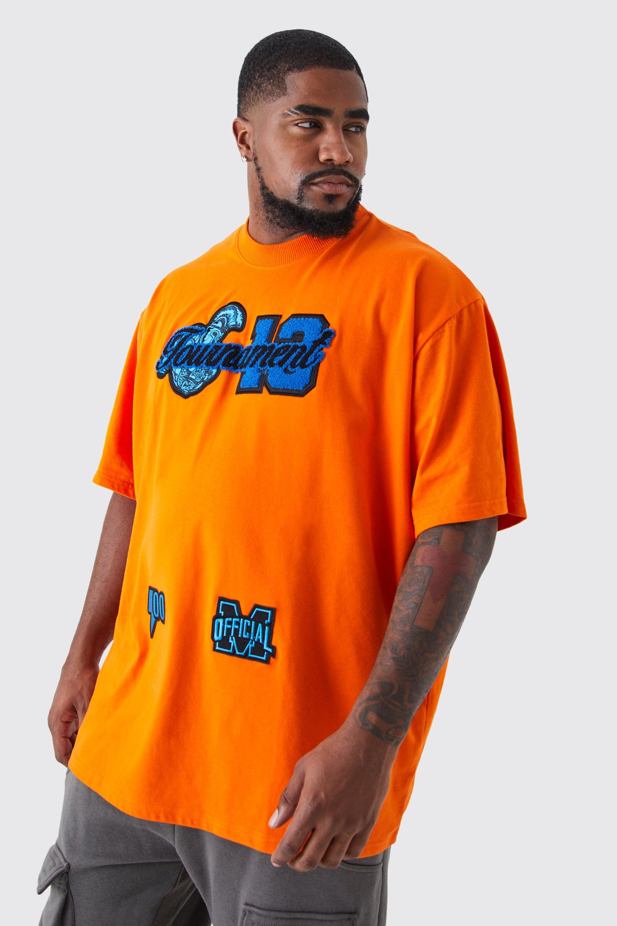 Mens Orange Plus Oversized Tournament Badge Applique T-shirt, Orange
