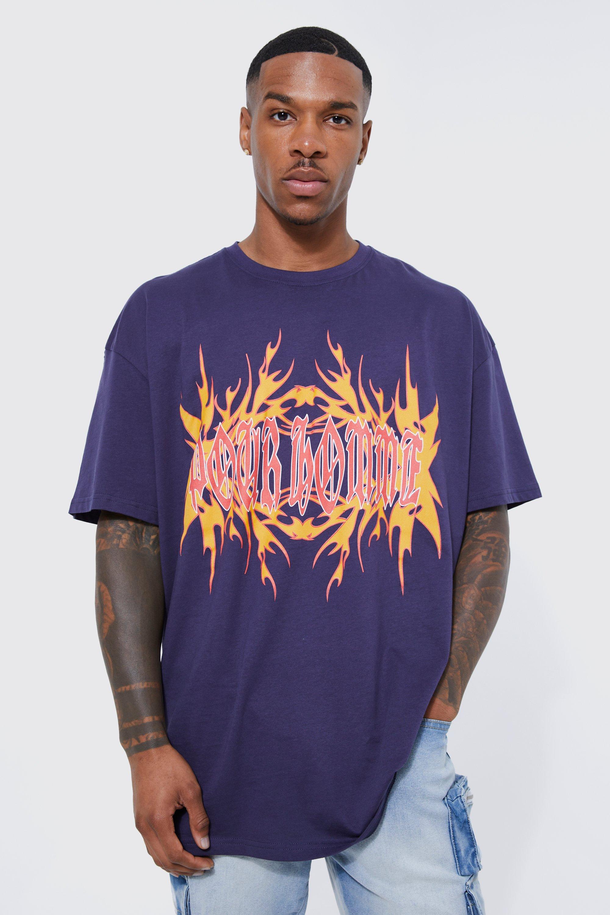 Mens Navy Oversized Pour Homme Gothic Print T-shirt, Navy