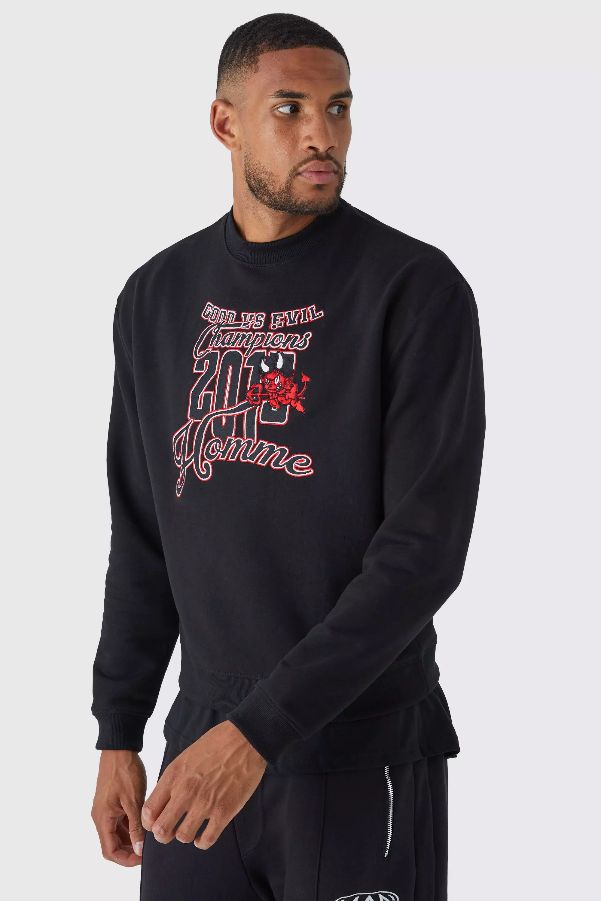 Tall Boxy Heavyweight Devil Applique Sweatshirt boohooMAN USA