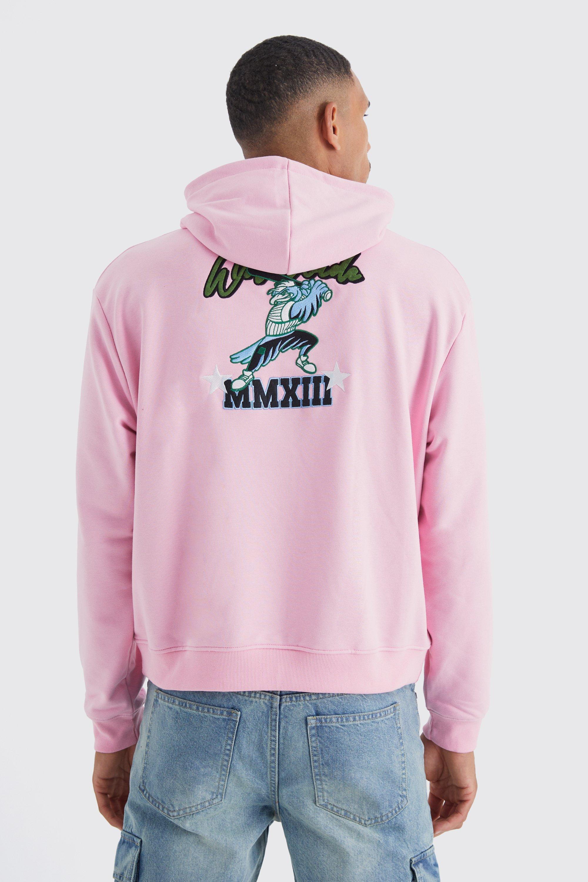 Mens Pink Tall Boxy Heavyweight Worldwide Applique Hoodie, Pink